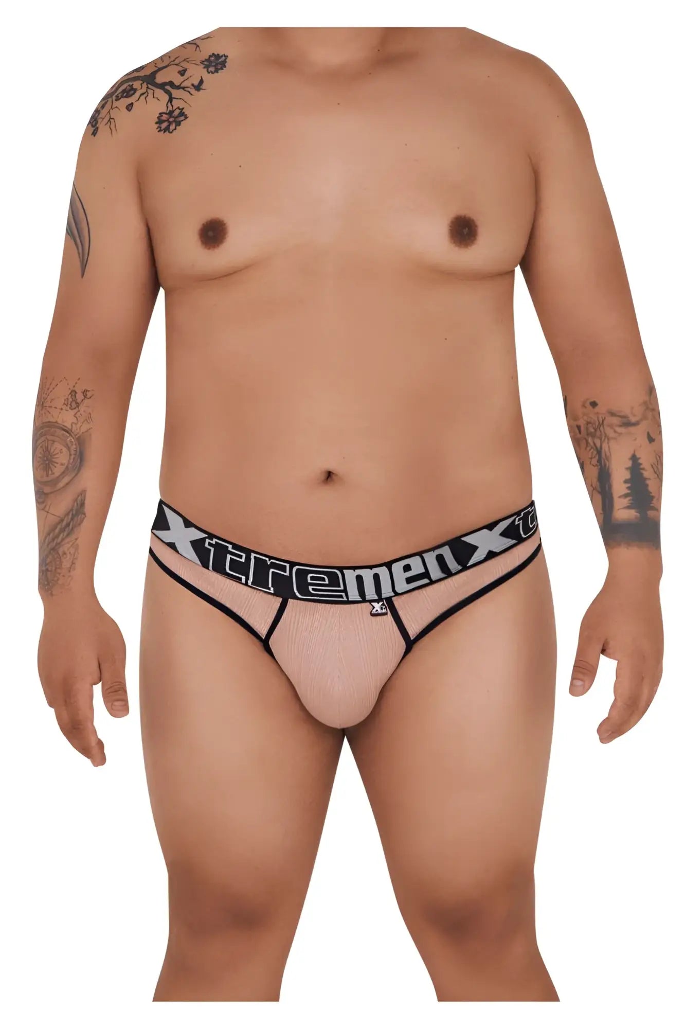 Black and white xtremex men’s mesh briefs with a branded waistband in pink microfiber thong style front view