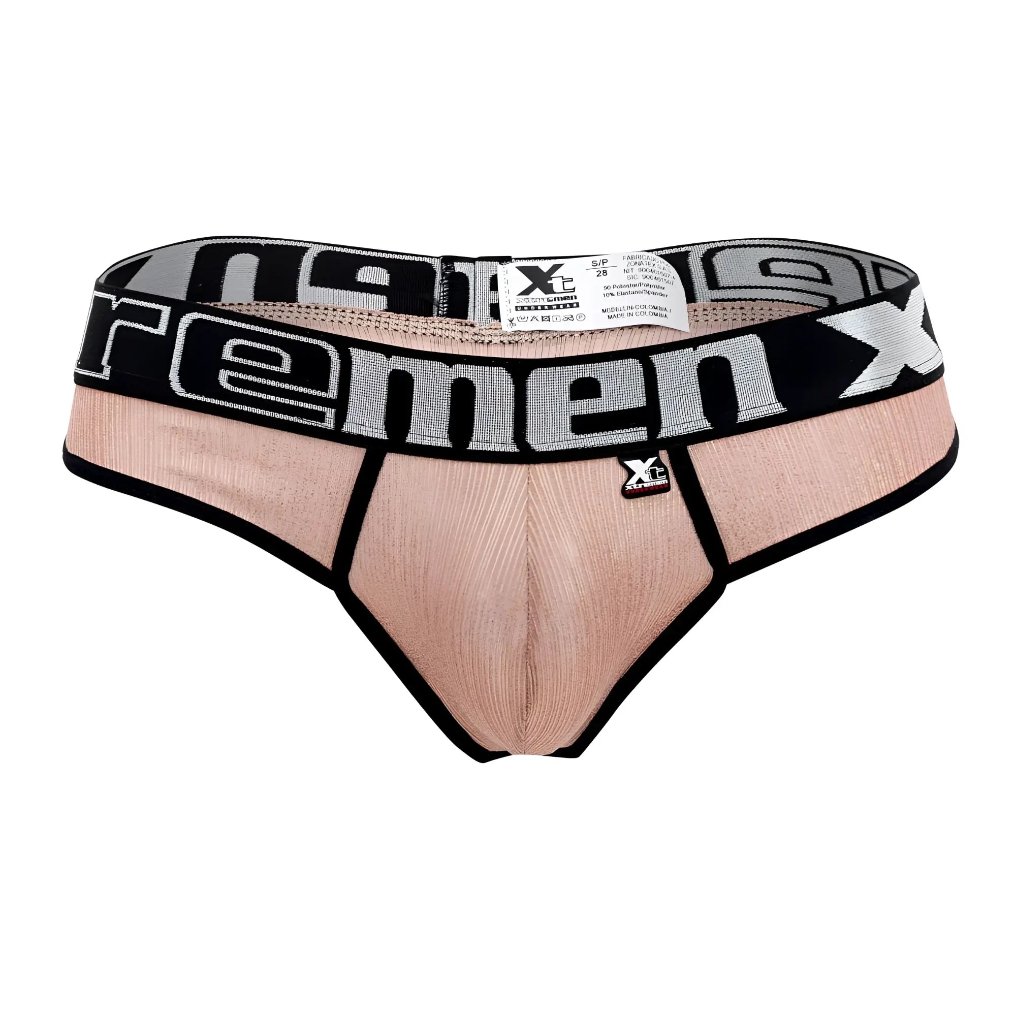 A peach-colored ribbed men’s brief with black and gray xtreme logo waistband made of microfiber