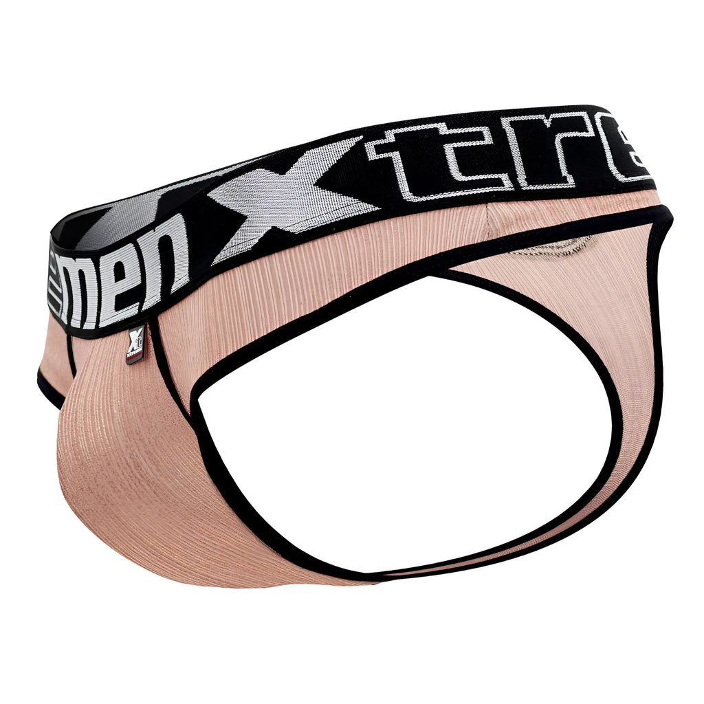 A sleek blush-pink Xtremen 91091X microfiber men’s brief with black elastic waistband and bold white xtreme branding