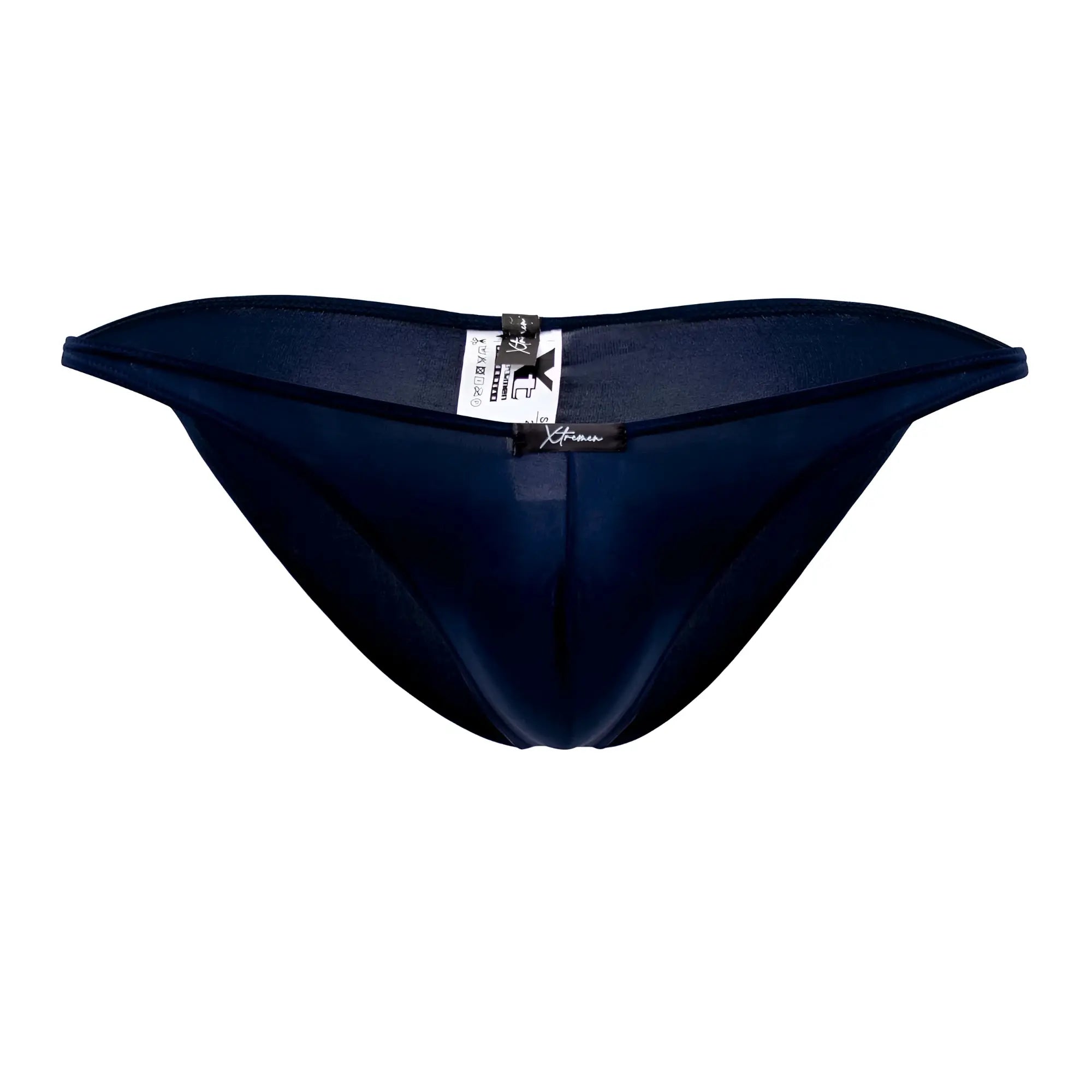 Navy blue sheer mesh thong bikini in microfiber with black Xtremen brand tag shown from the back side