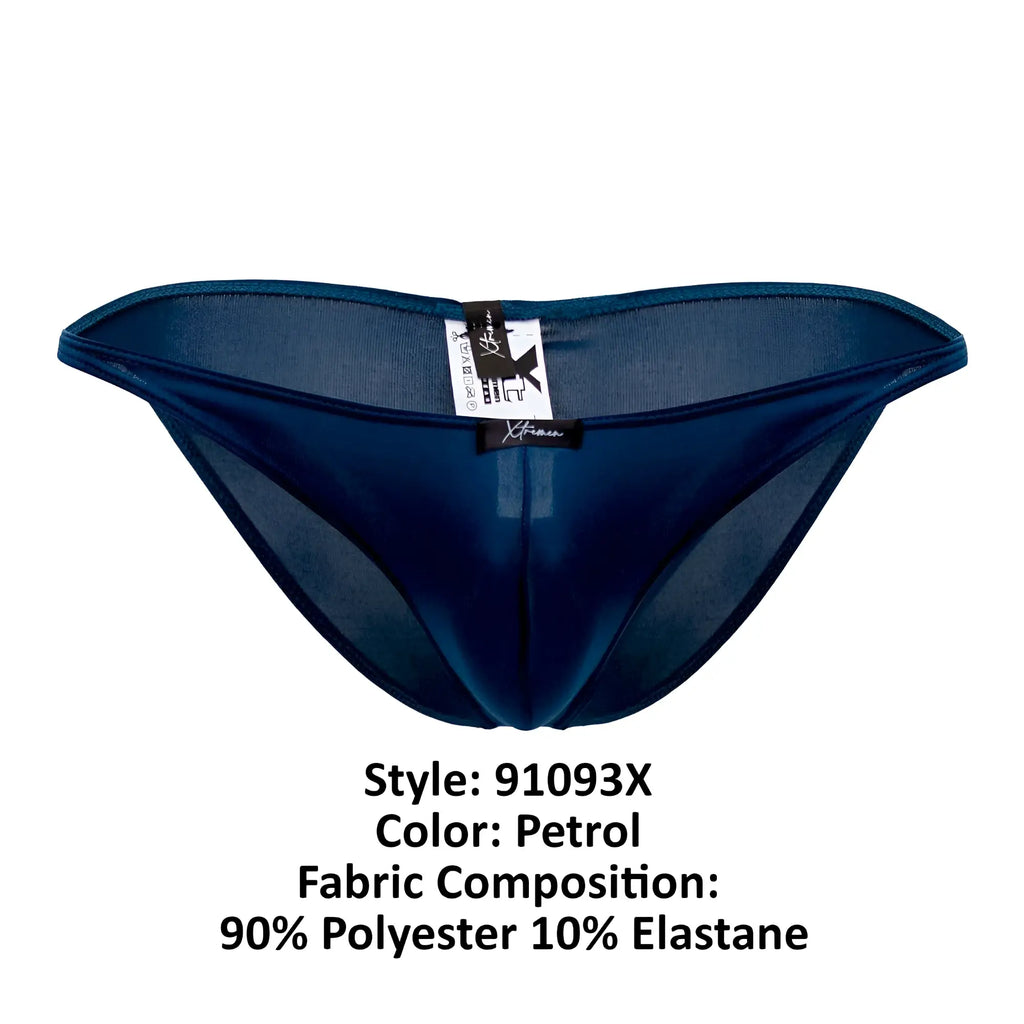 Back view of xtremen 91093x petrol-colored sheer mesh microfiber thong with satin-like finish and branded tag