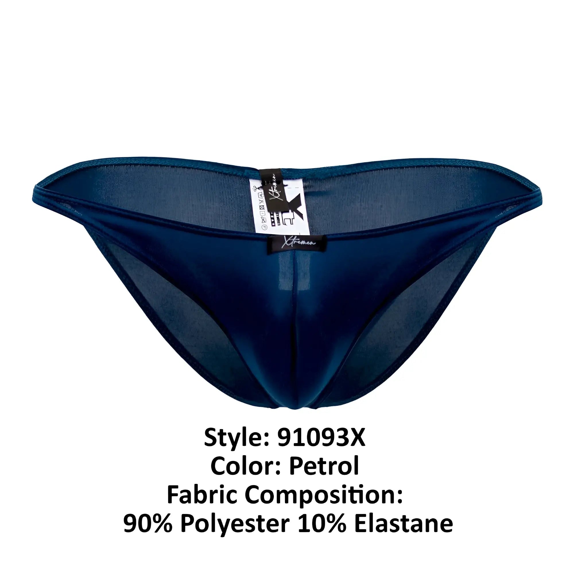 Back view of xtremen 91093x petrol-colored sheer mesh microfiber thong with satin-like finish and branded tag