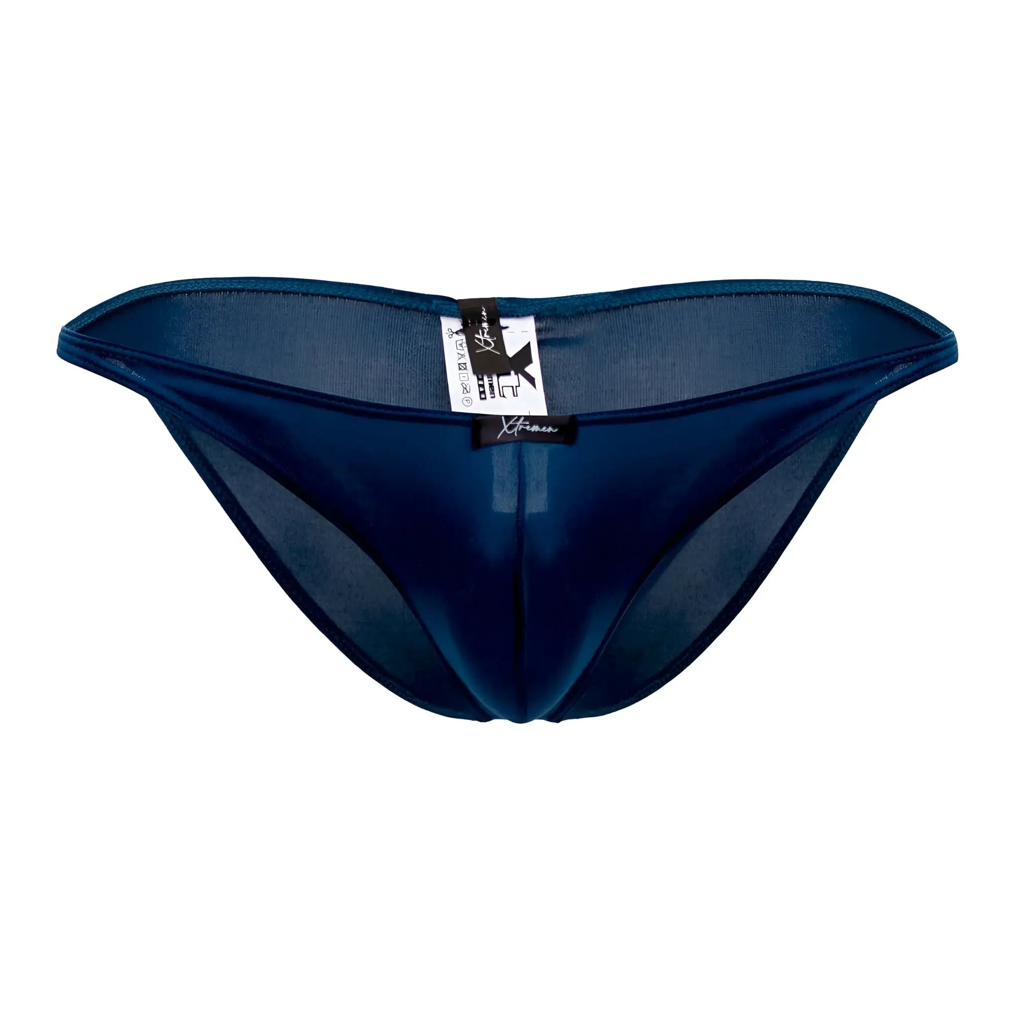 Dark blue sheer mesh thong with solid fabric back panel and branded tags xtremen 91093x microfiber bikini petrol