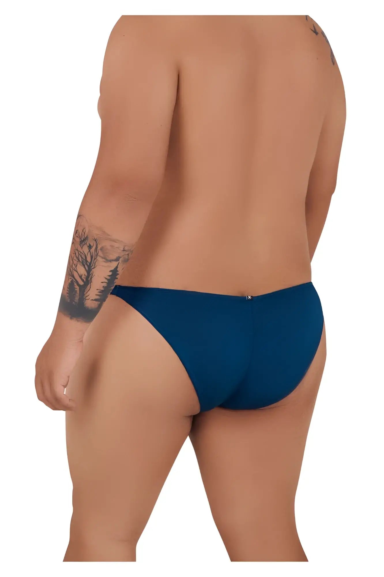 Deep blue seamless microfiber bikini swim trunks xtremen 91093x in petrol with subtle back closure shown from the back