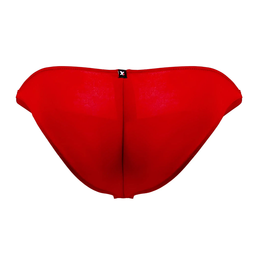 Red xtremen 91093x microfiber bikini swim trunks in a form-fitting design with a black brand tag on the back