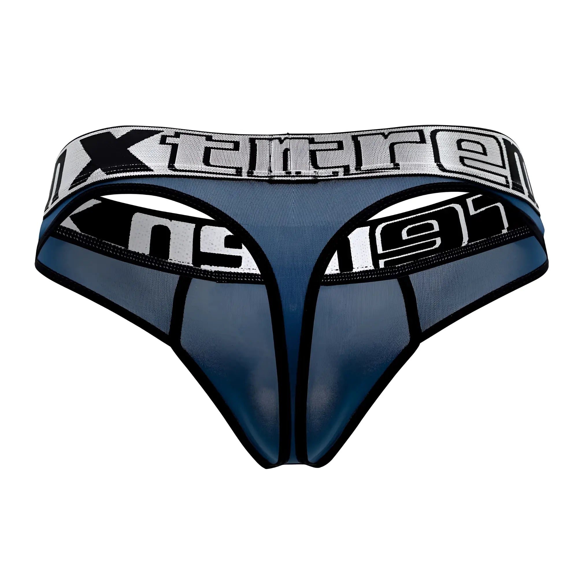 Blue mesh microfiber thong with black trim and gray waistband featuring xtreme logo in bold white lettering
