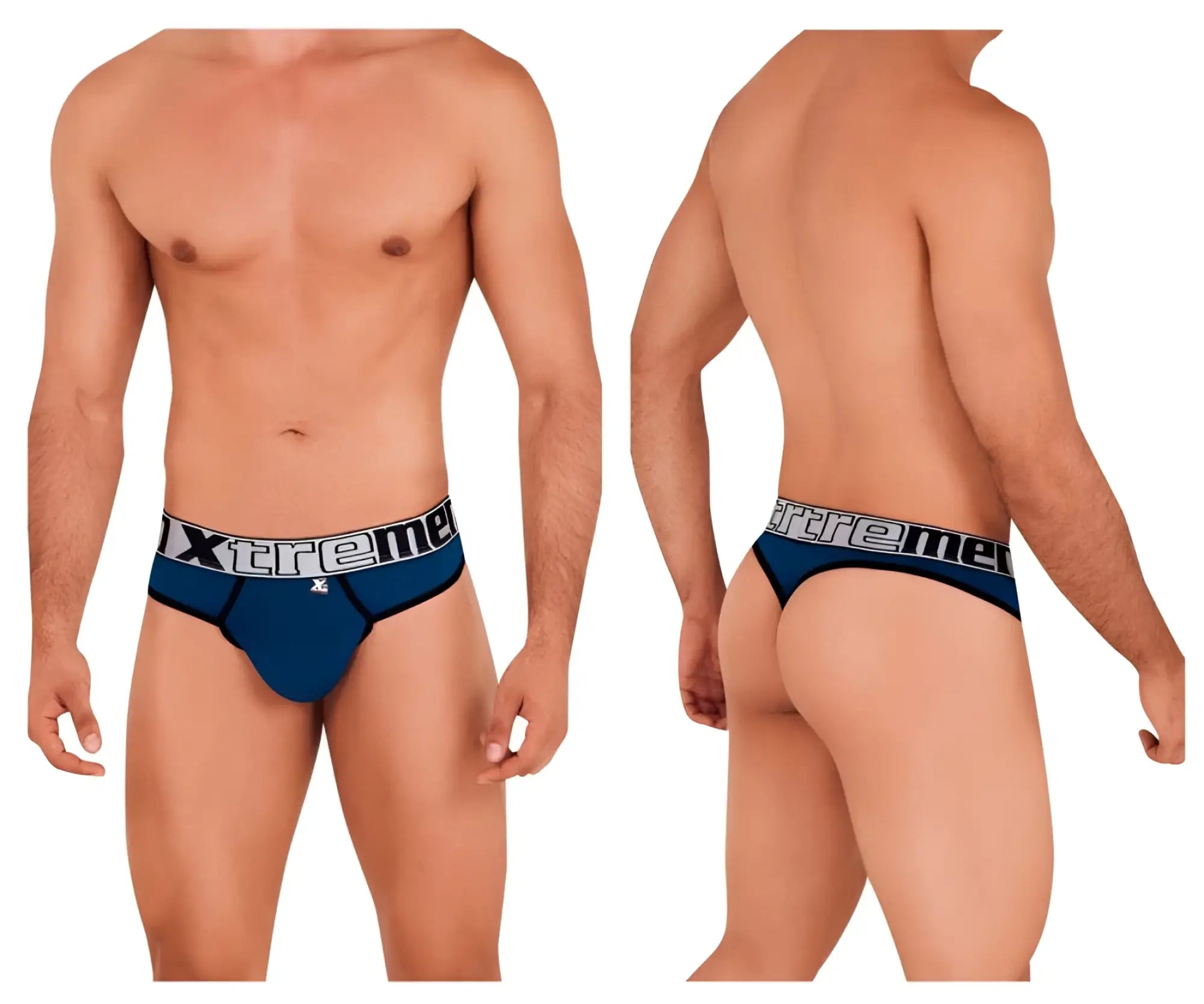 Navy blue men’s microfiber briefs with a black and white xtreme waistband logo from xtremen 91094 collection