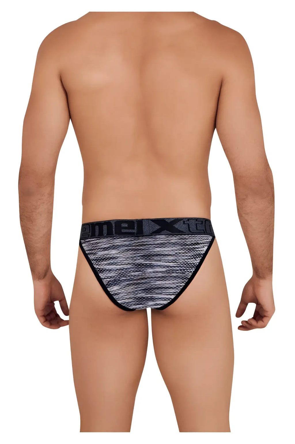 Black and gray patterned men’s microfiber mesh bikini briefs with bold mexx logo band xtremen 91098 color black