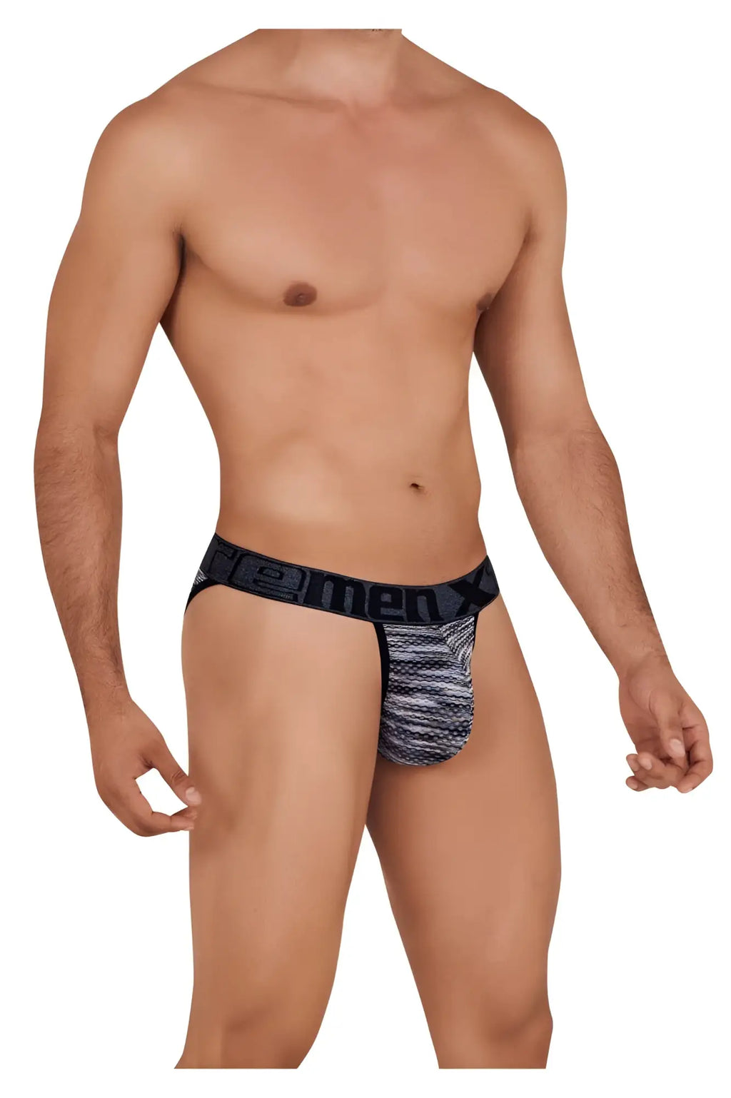 Black and gray patterned Xtremen 91098 microfiber mesh bikini briefs with branded waistband for men