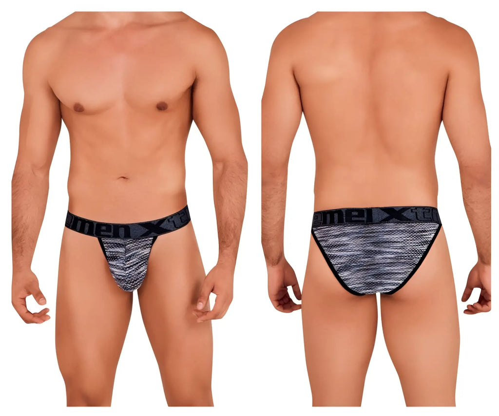 Black and gray patterned xtremen 91098 microfiber mesh bikini briefs with textured fabric design for men