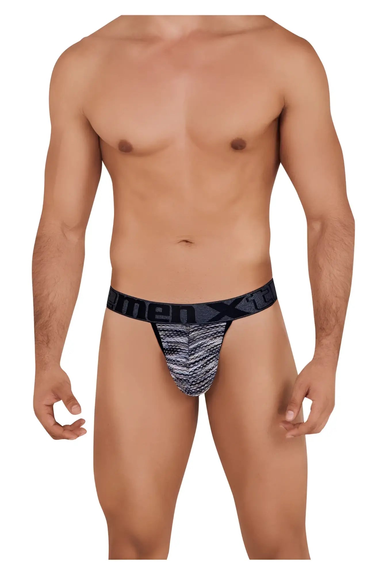 Black and gray patterned men’s thong with branded waistband made of microfiber mesh from Xtremen 91098 collection