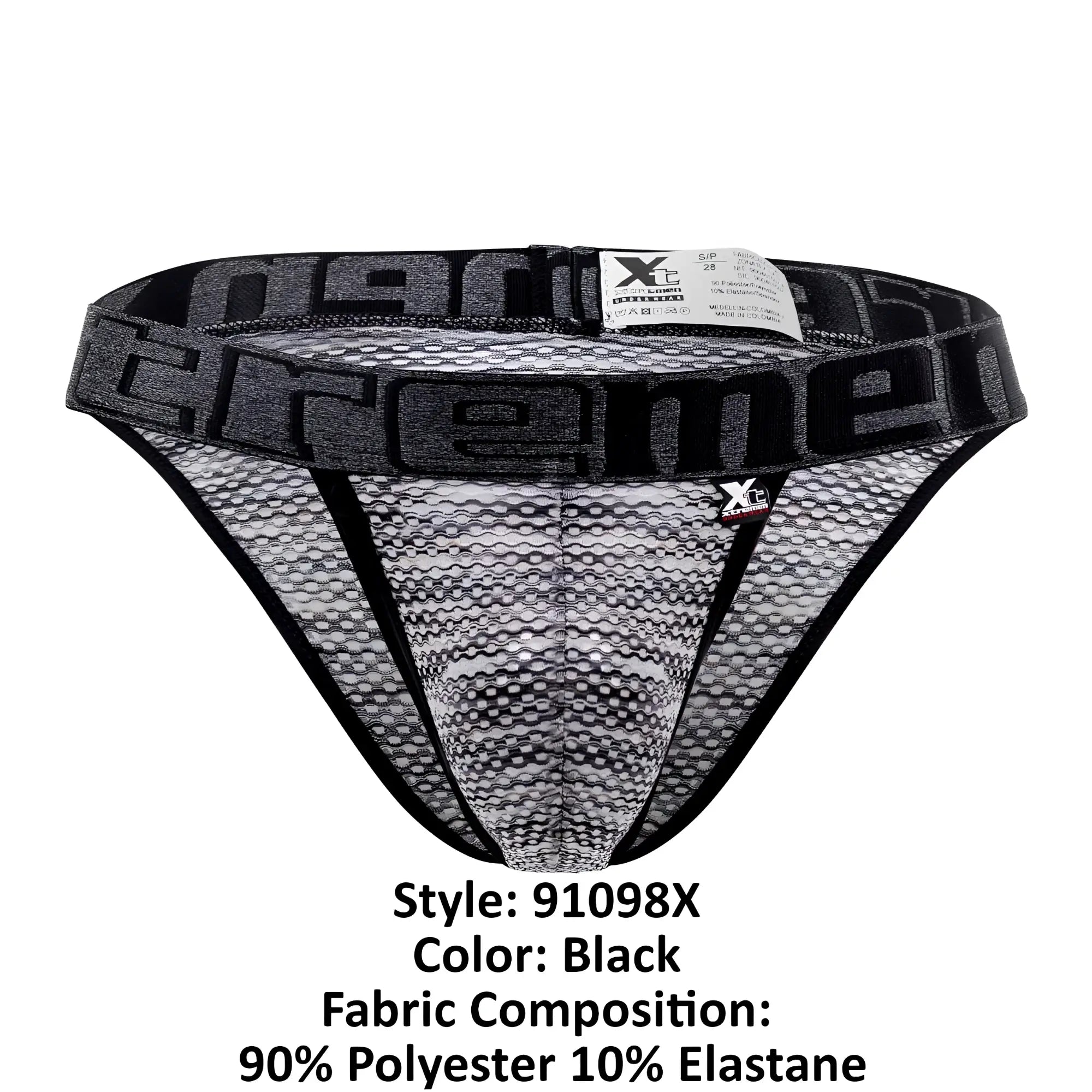 Black microfiber mesh briefs with bold xtreme logo band and black trim in the xtremen 91098x bikini style