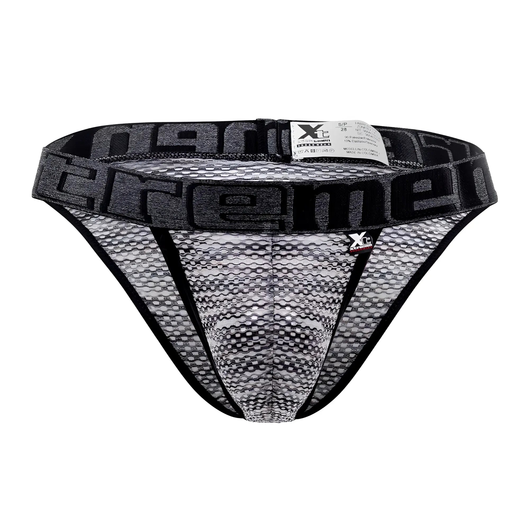 Black and gray microfiber mesh men’s bikini underwear with bold xtreme logo waistband in the back view