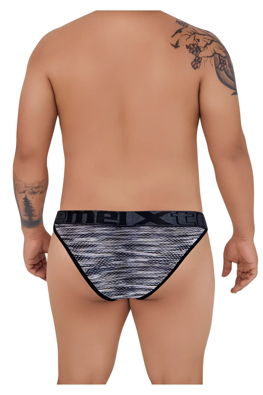 Xtremen 91098x men’s black microfiber mesh bikini briefs with black and gray patterned textured fabric design