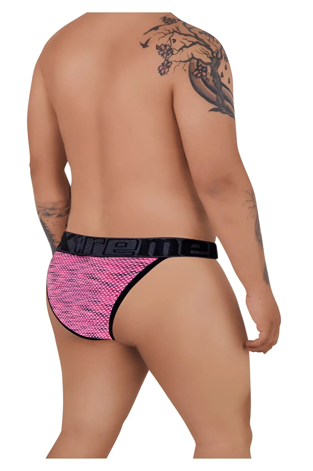 Pink xtremen 91098x microfiber mesh bikini briefs with black elastic waistband featuring xtreme logo