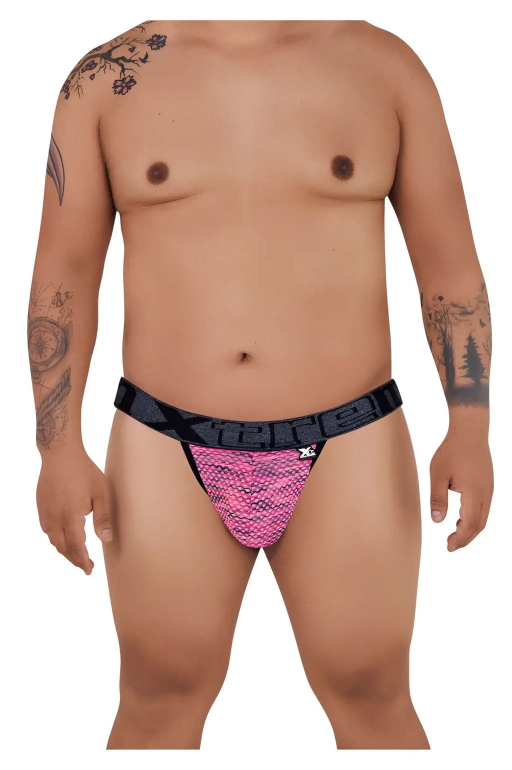 Pink and black patterned Xtremen 91098X microfiber mesh bikini thong with textured scale-like design shown from the back
