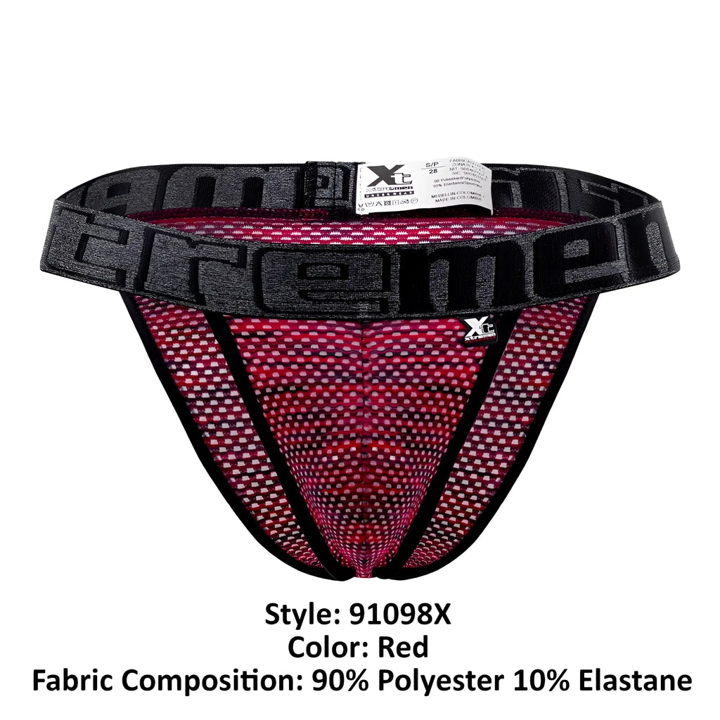 Red microfiber mesh bikini briefs with black elastic waistband featuring extreme logo in gray xtremen 91098x