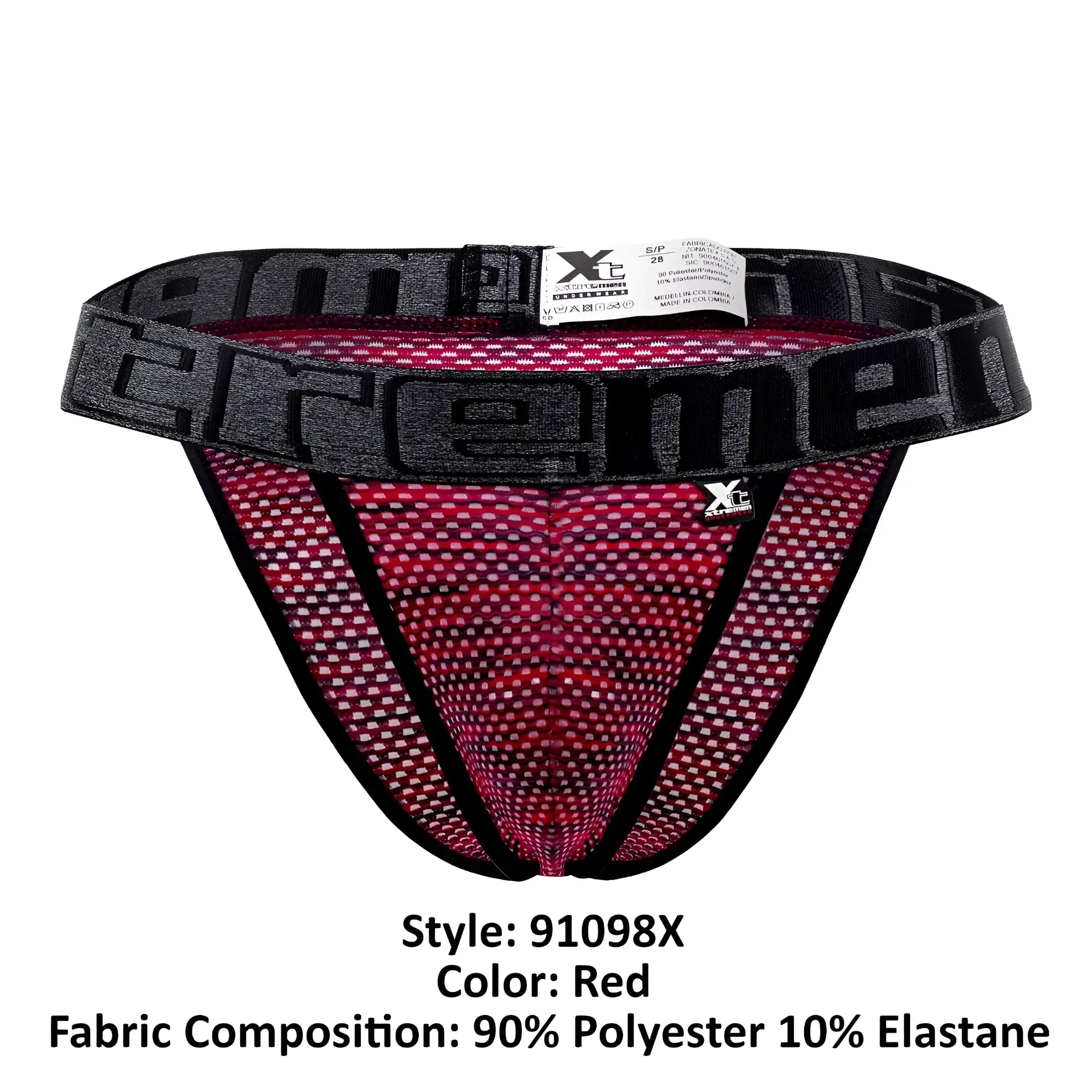 Red microfiber mesh bikini briefs with black elastic waistband featuring extreme logo in gray xtremen 91098x