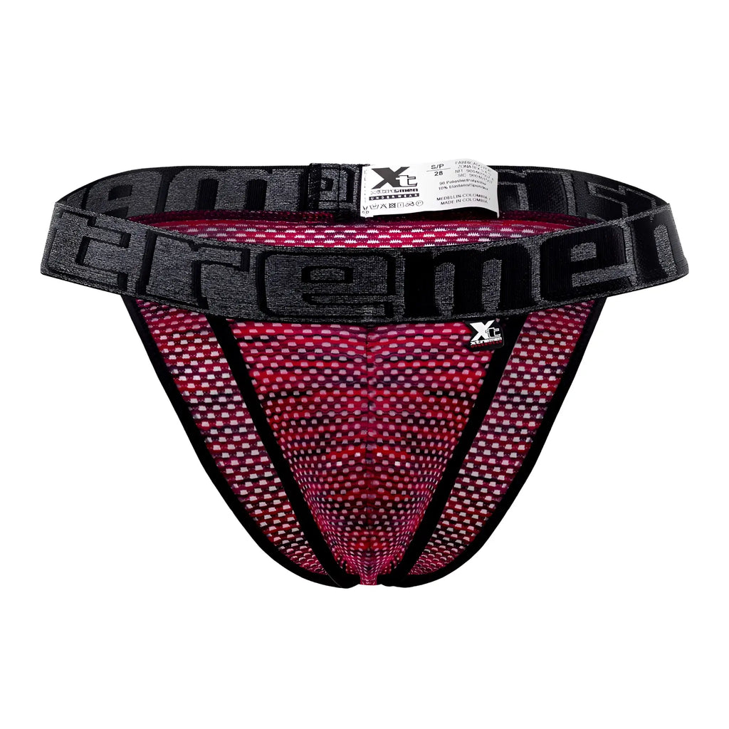 Black and pink microfiber mesh athletic briefs with bold extreme logo band in red from xtremen 91098X bikini series