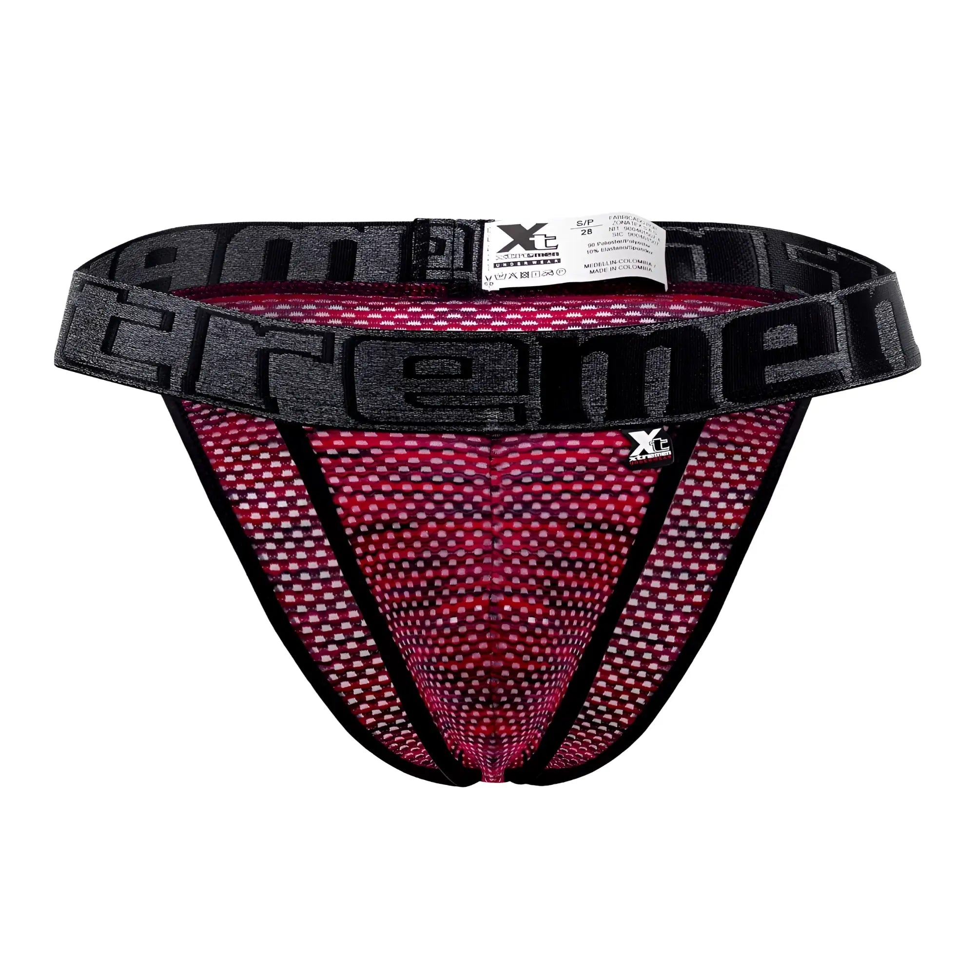 Black and pink microfiber mesh athletic briefs with bold extreme logo band in red from xtremen 91098X bikini series