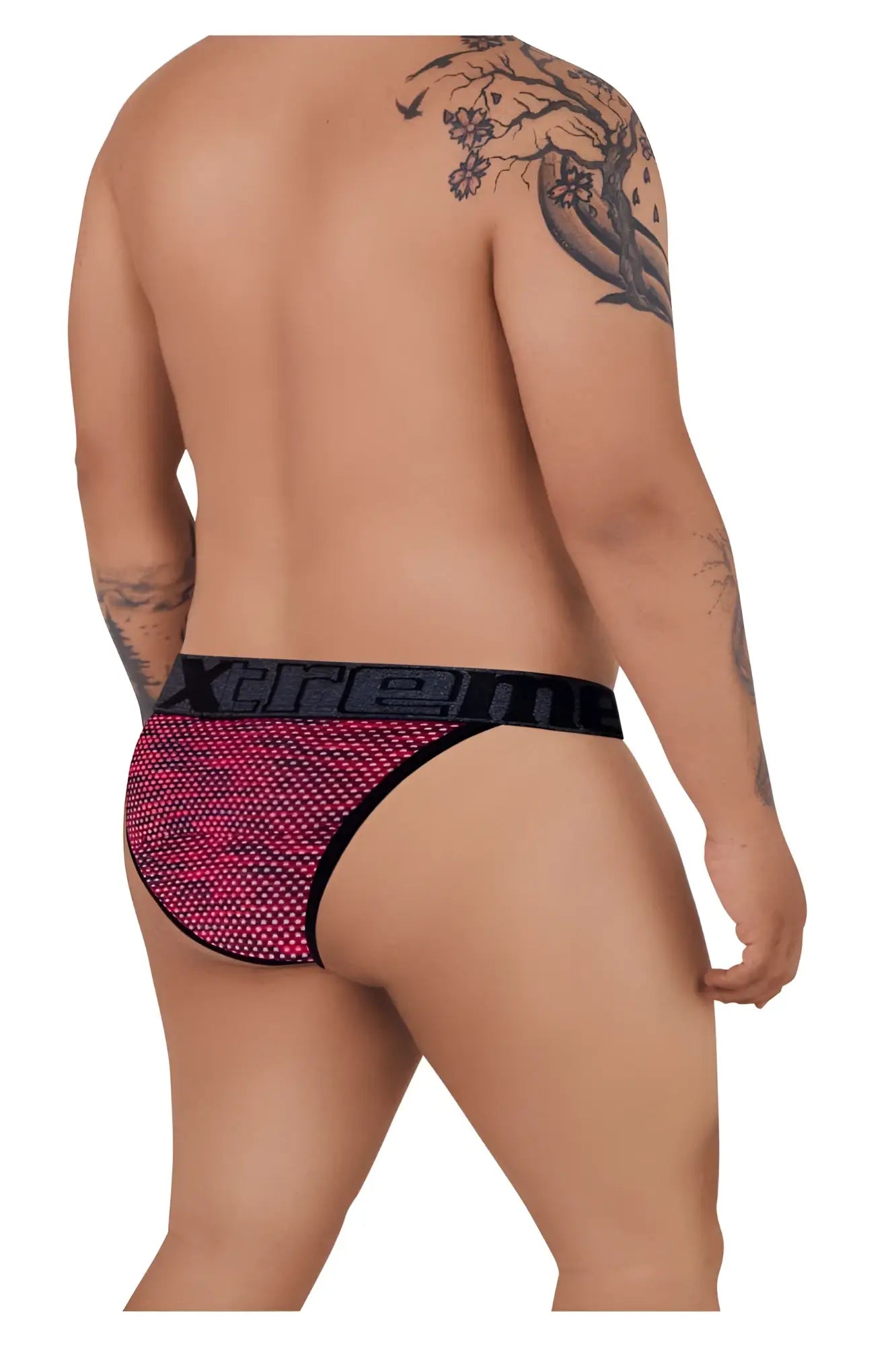 Pink and black microfiber mesh briefs with bold xtreme logo band in red xtremen 91098x bikini style