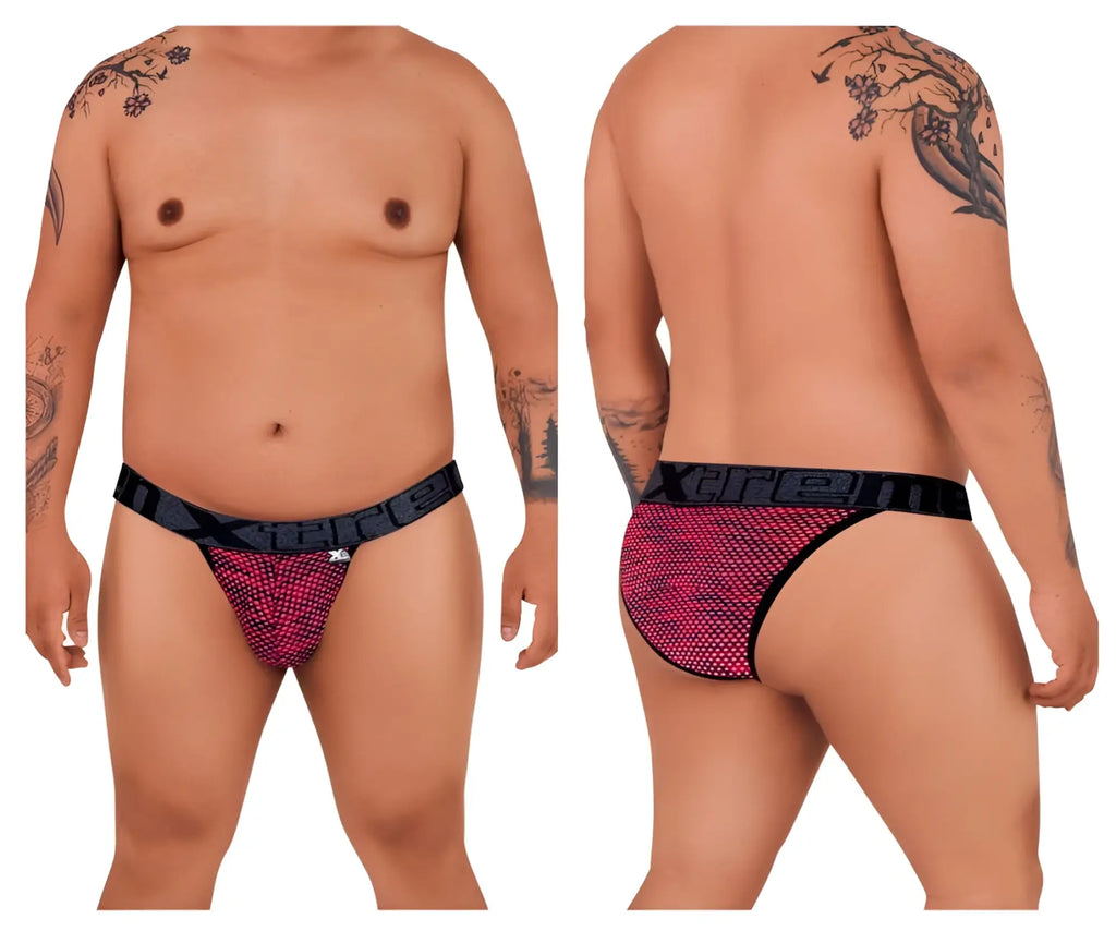 Pink mesh microfiber briefs with black elastic waistband and xtreme branding in red color front view