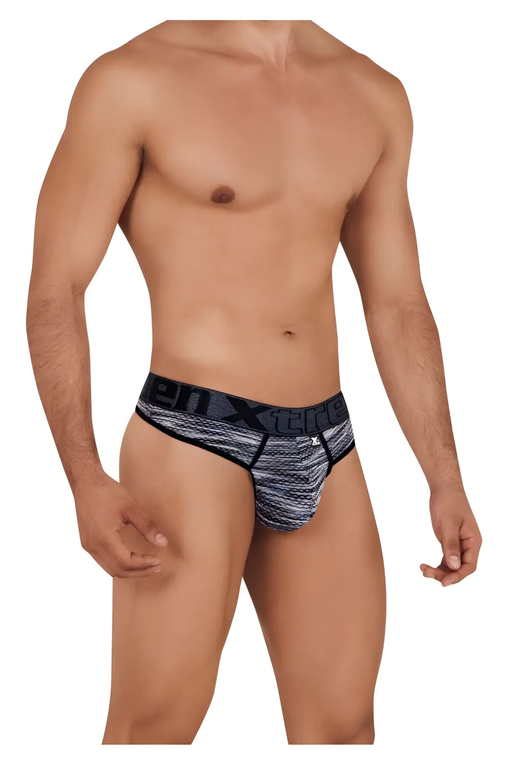 Black and gray patterned men’s briefs with bold xtreme logo on waistband made from microfiber mesh material