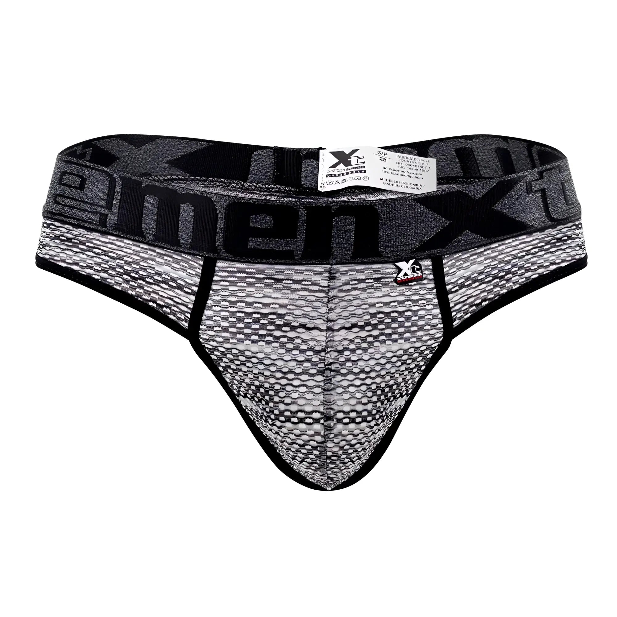 Black and gray patterned men’s microfiber mesh briefs with bold xtreme branded waistband in xtremen 91100 style