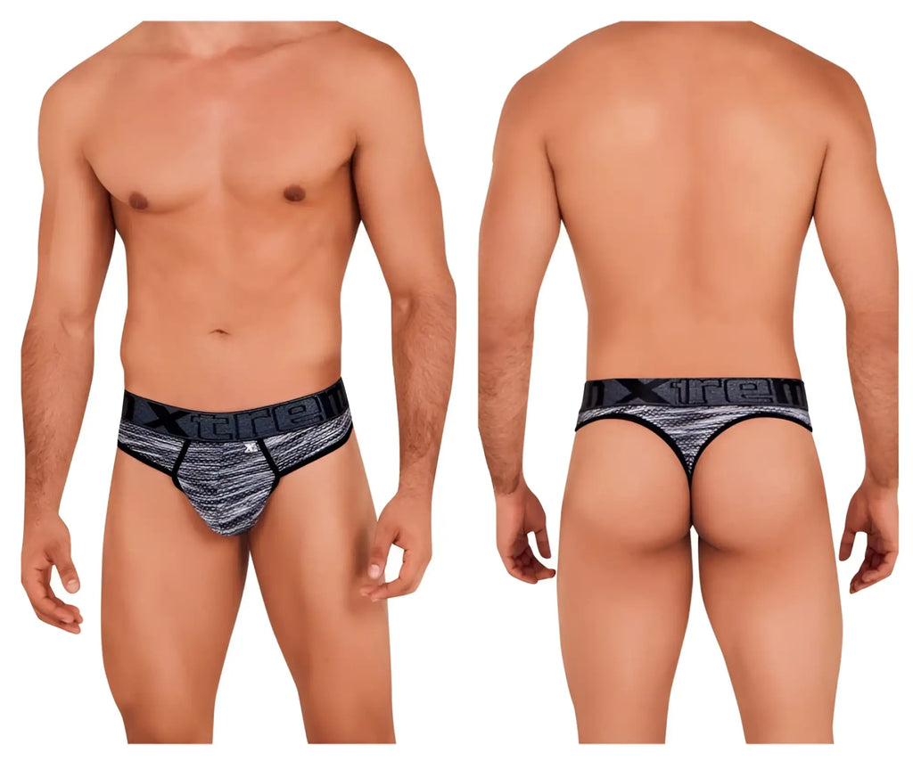 Xtremen 91100 men’s black microfiber mesh thongs with a black and gray patterned textured athletic design