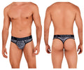 Xtremen 91100 men’s black microfiber mesh thongs with a black and gray patterned textured athletic design