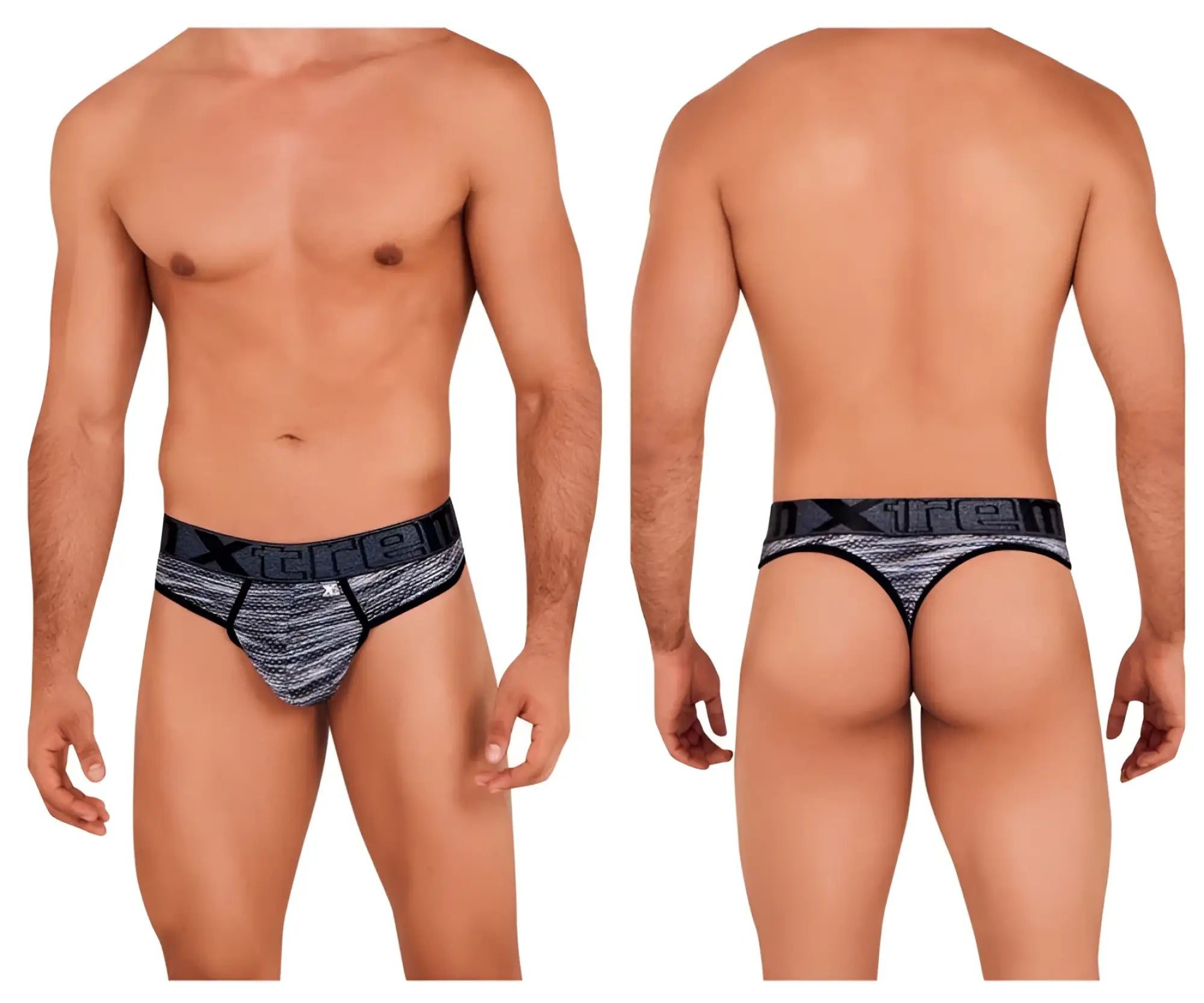 Xtremen 91100 men’s black microfiber mesh thongs with a black and gray patterned textured athletic design