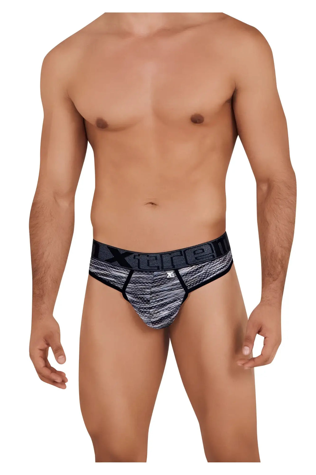 Xtremen 91100 microfiber mesh thongs in black with black and gray patterned textured woven fabric design men’s briefs