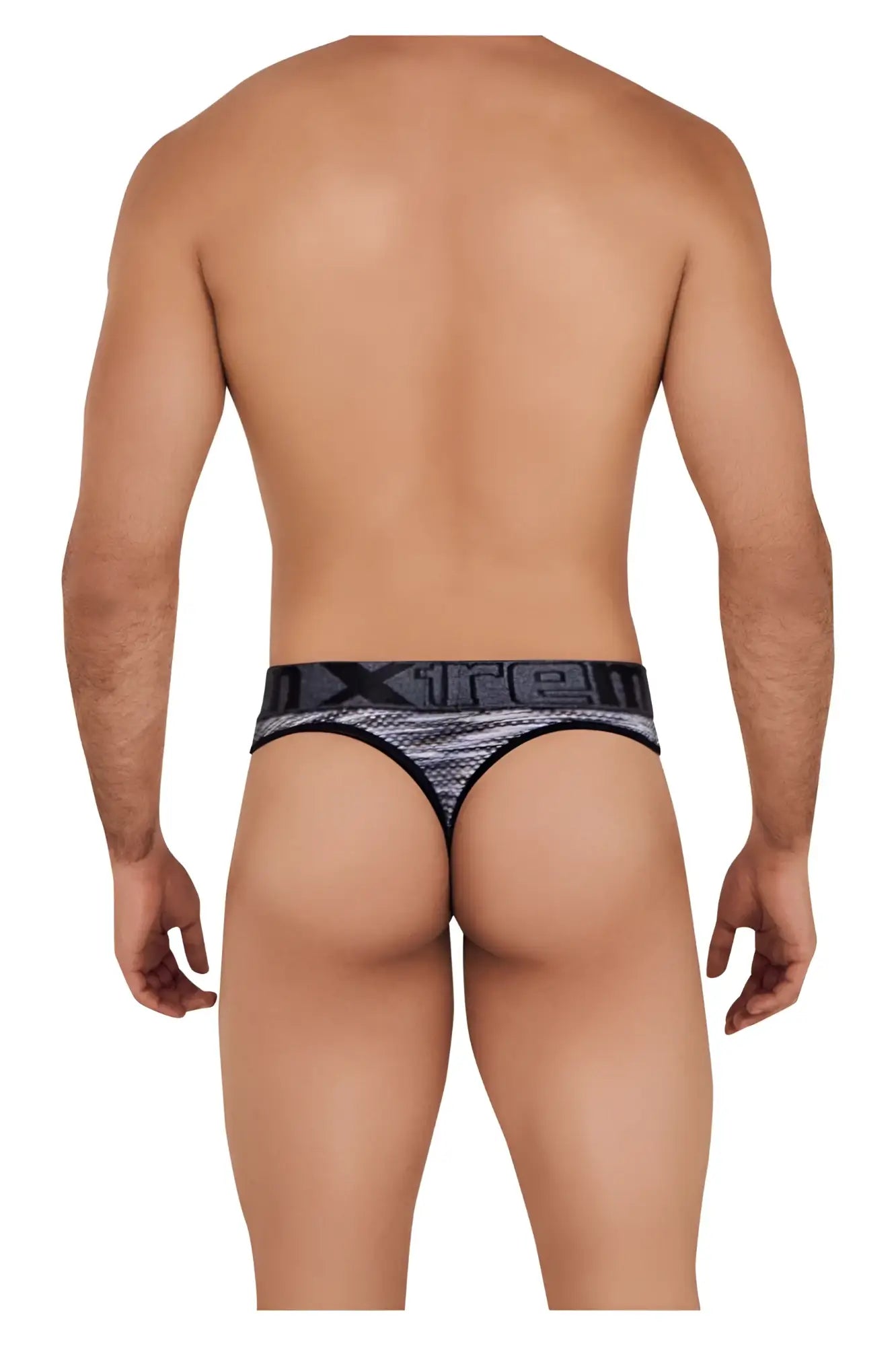 Black and gray patterned men’s microfiber mesh thong with bold xre logo on the waistband by xtremen