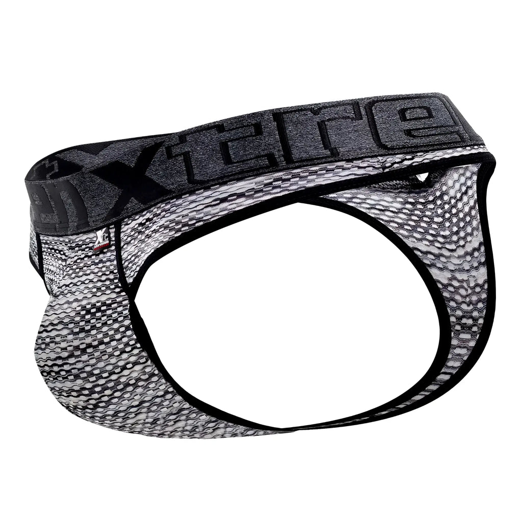 Black and gray patterned xtremen 91100 microfiber mesh thongs with textured fabric, front view