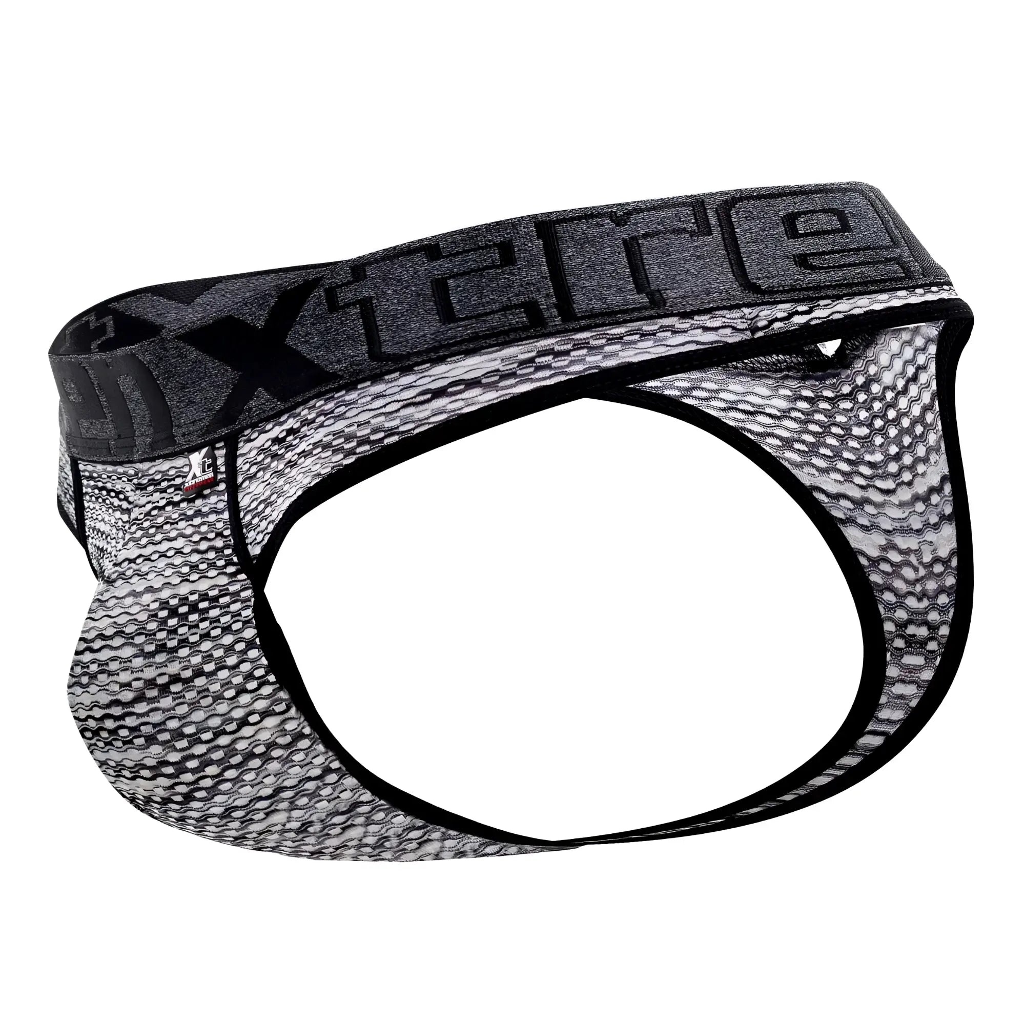 Black and gray patterned xtremen 91100 microfiber mesh thongs with textured fabric, front view