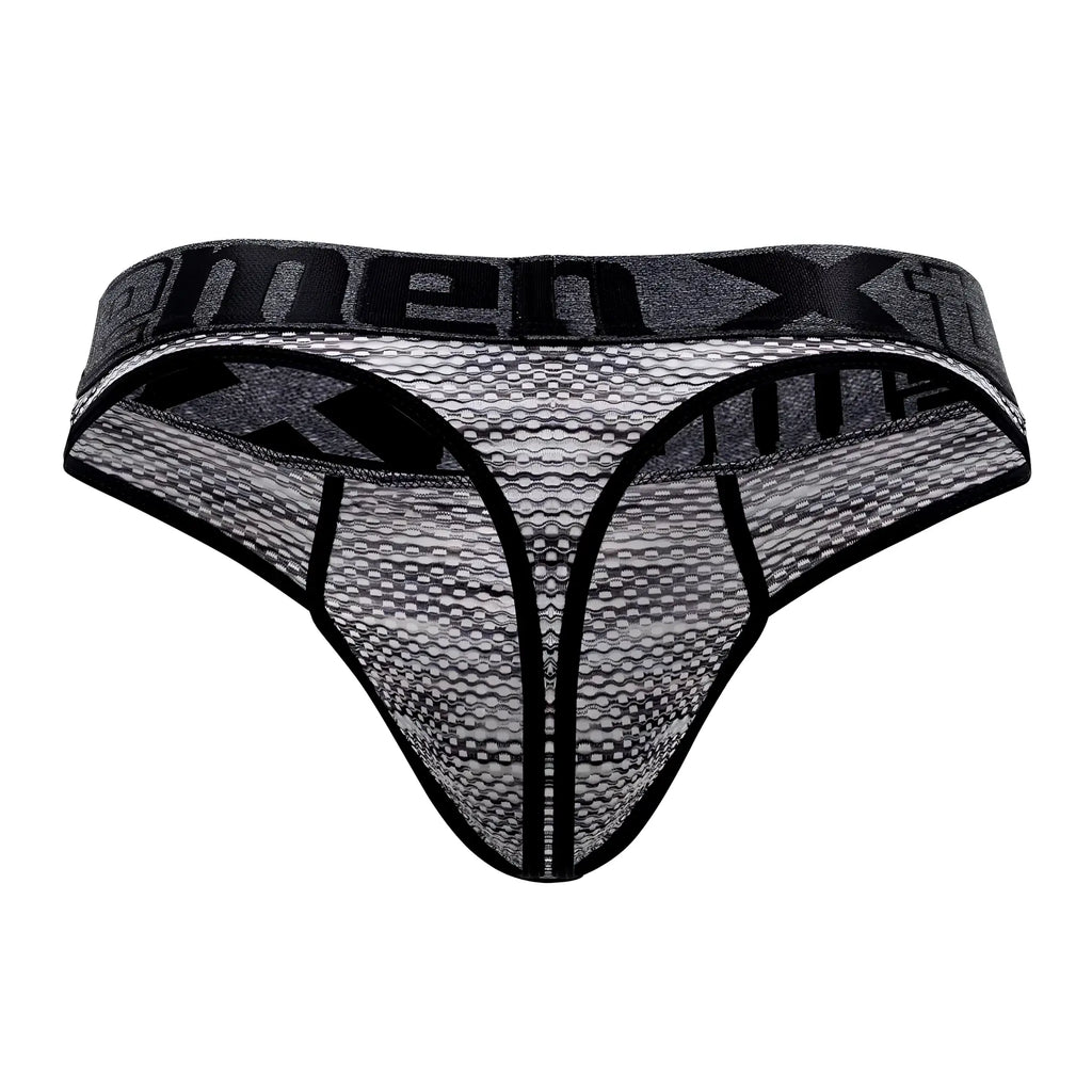 Black and gray microfiber mesh thong with bold menx logo band xtremen 91100 model in black color
