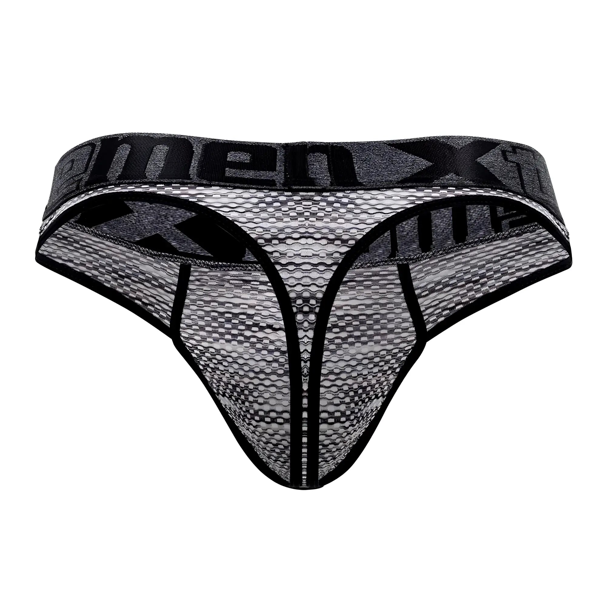 Black and gray microfiber mesh thong with bold menx logo band xtremen 91100 model in black color