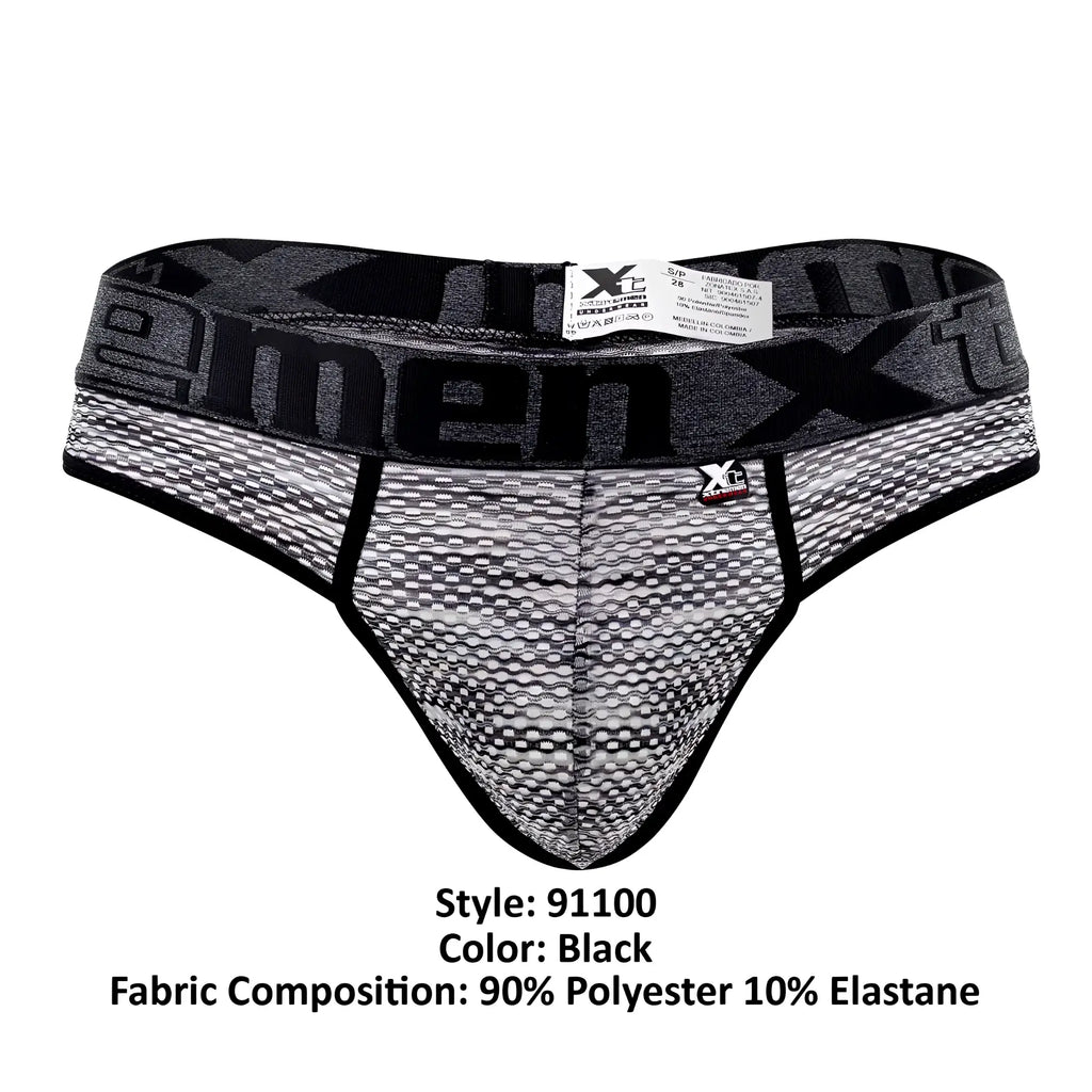 Black xtremen 91100 microfiber mesh thongs with textured gray black fabric and bold x men branded waistband
