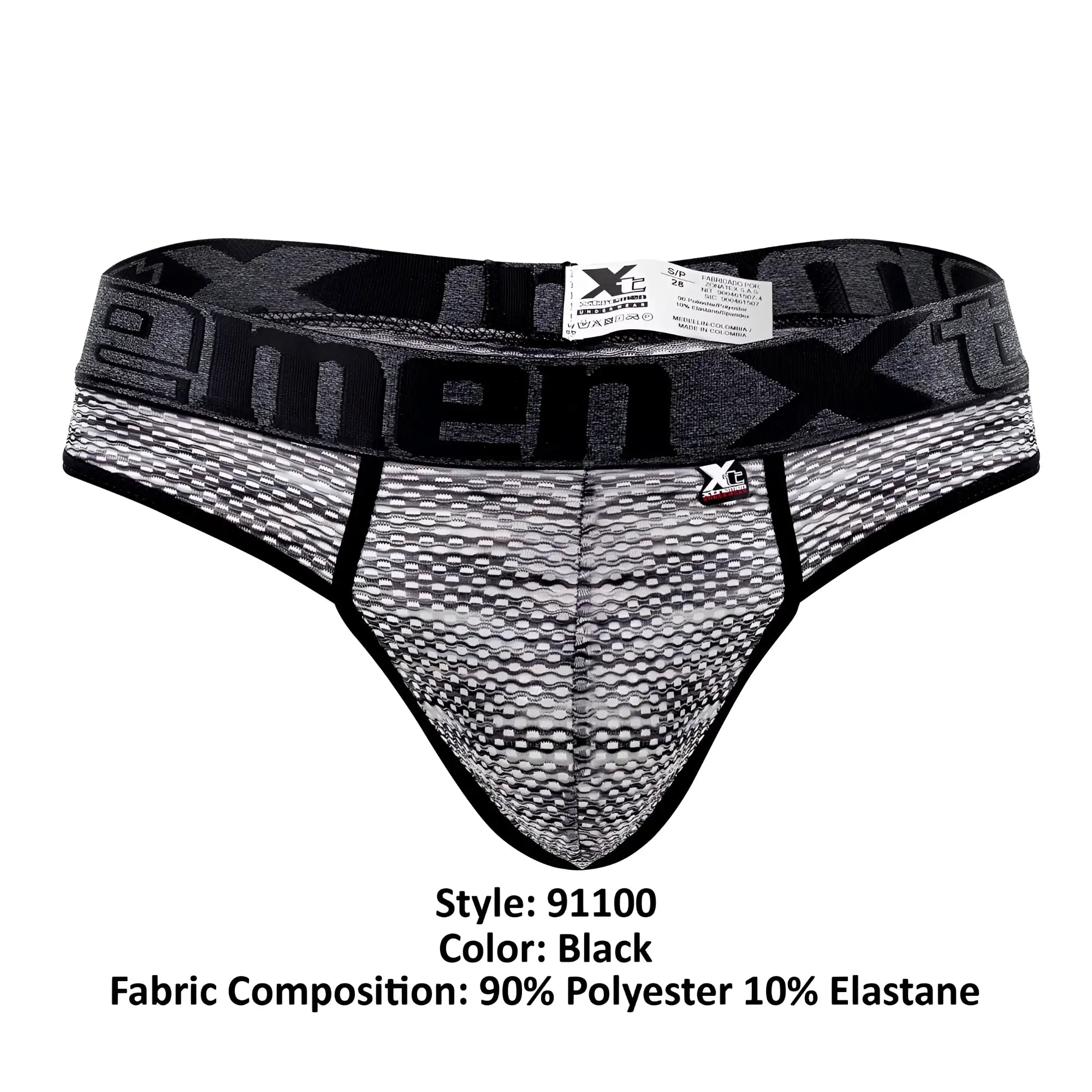 Black xtremen 91100 microfiber mesh thongs with textured gray black fabric and bold x men branded waistband