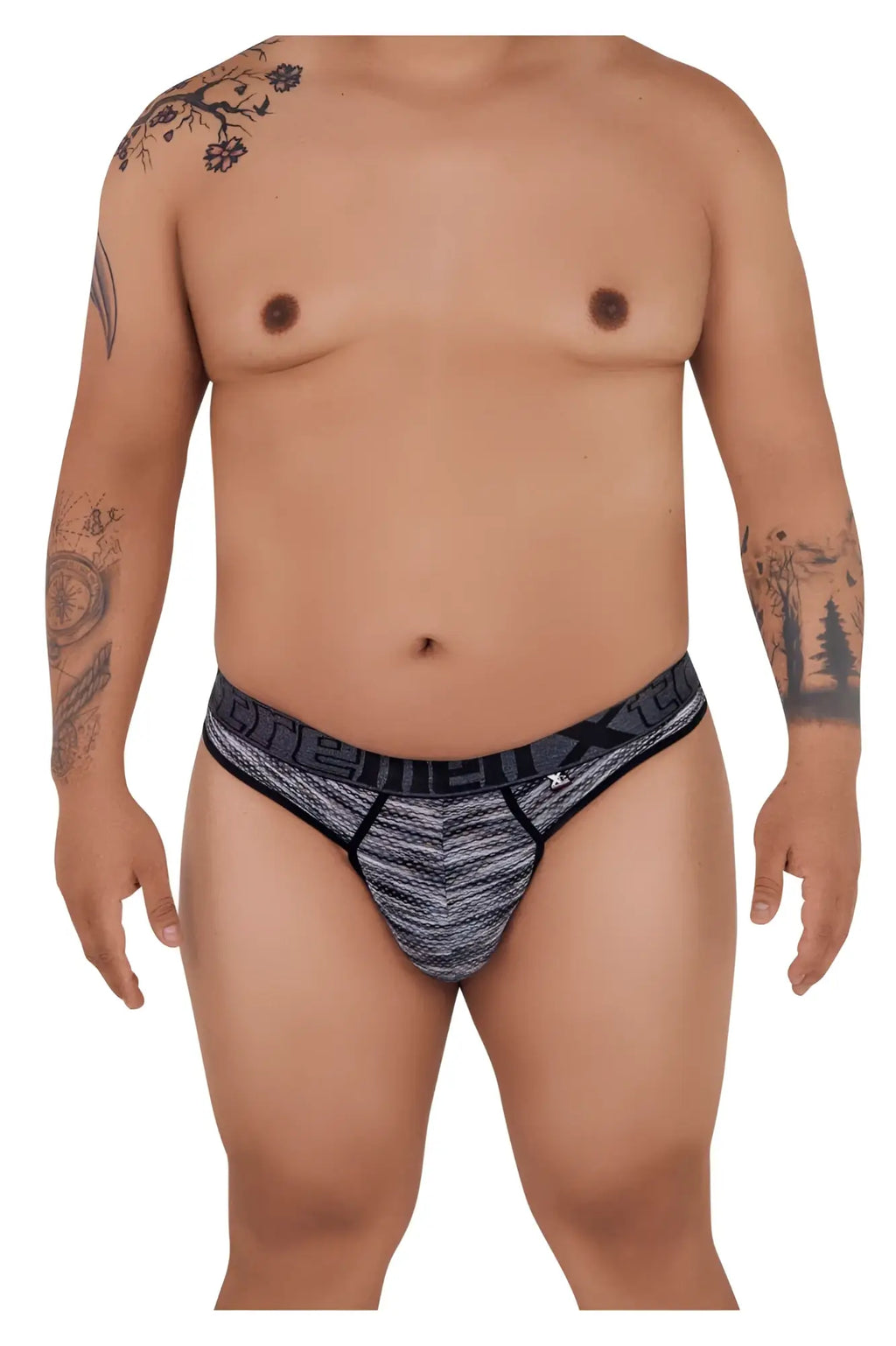 Xtremen 91100x microfiber mesh thongs in black with bold textured design and black and gray patterned front panel