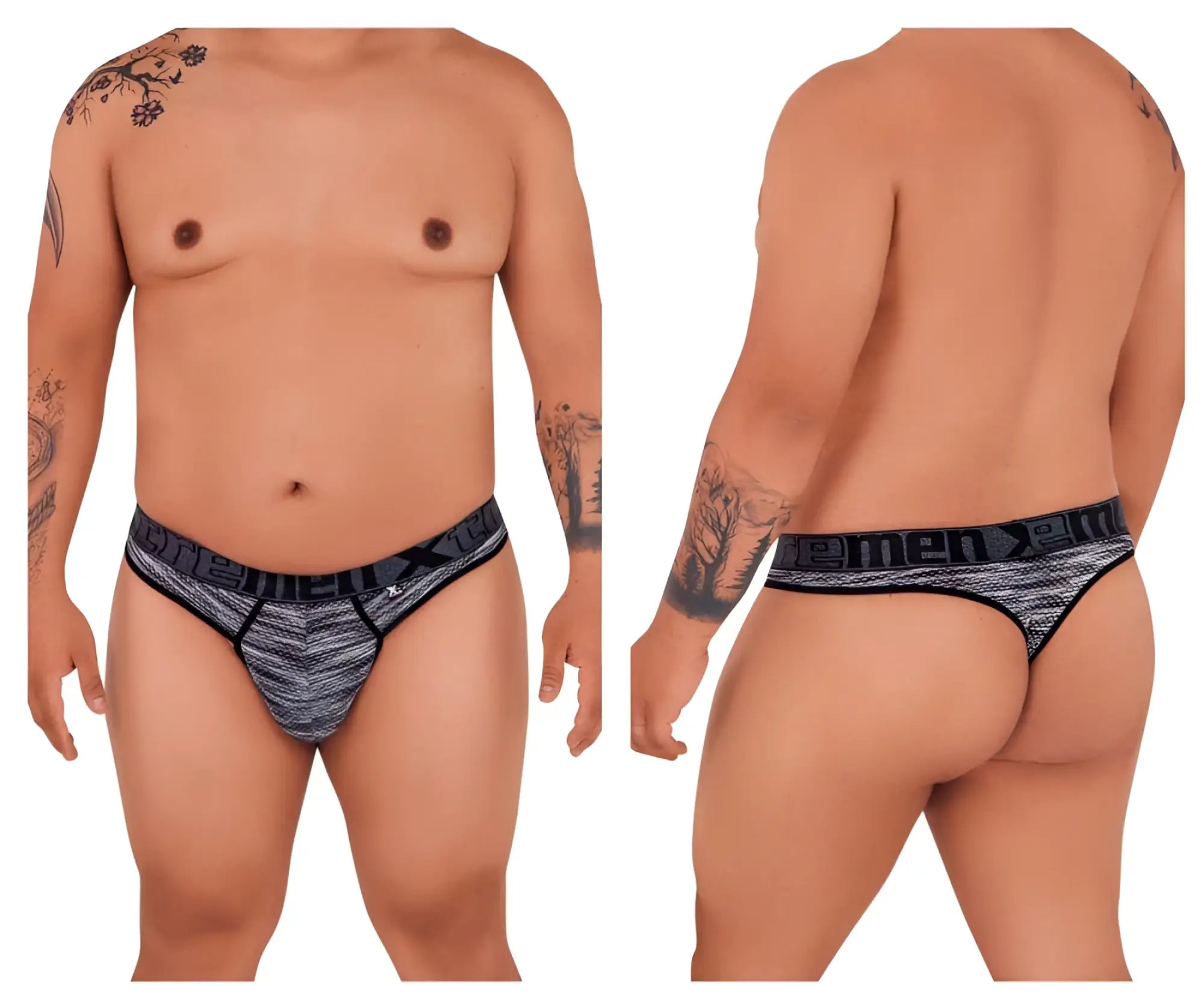 Gray and black patterned men’s microfiber mesh thong in black with creme men branding on the waistband