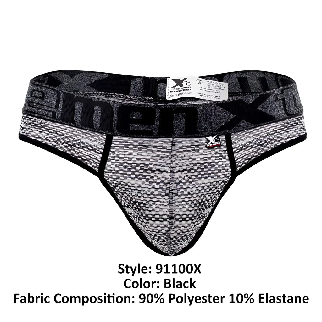 Black xtremen 91100x microfiber mesh thongs with textured fabric and bold xtreme waistband branding