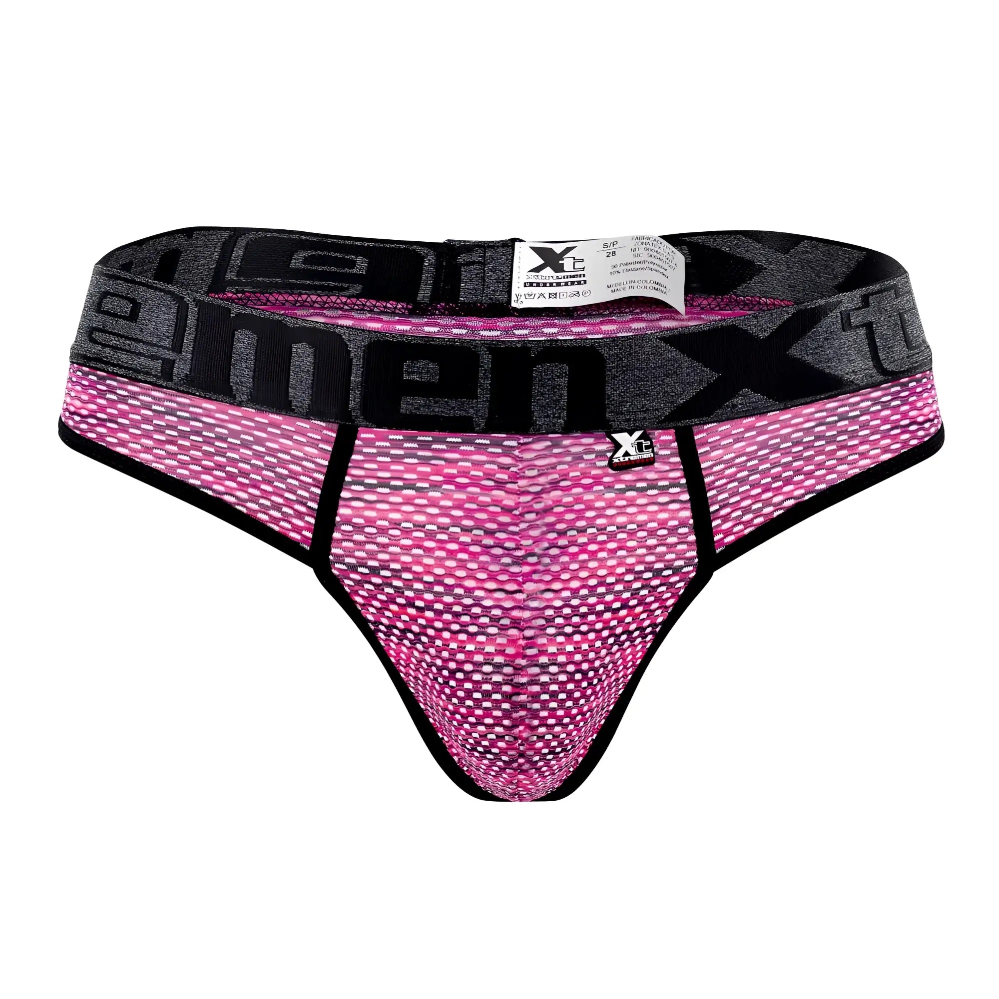 Pink and black microfiber mesh men’s thong with branded waistband xtremen 91100x front view