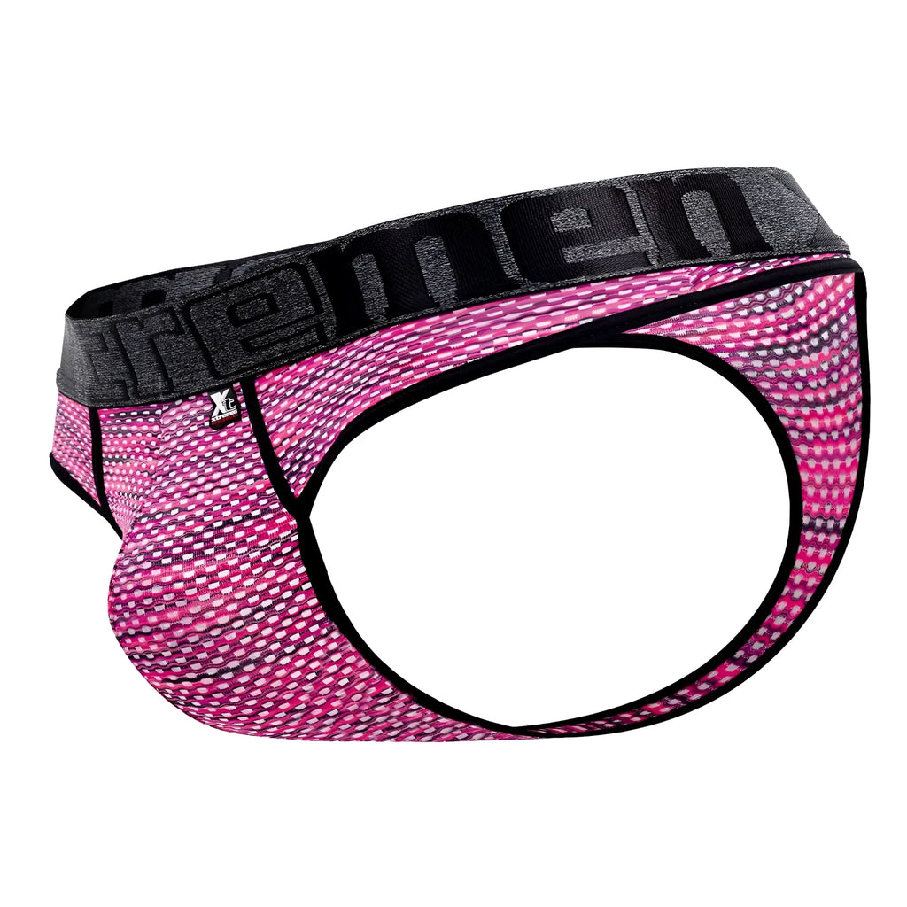 Pink and black patterned men’s briefs with textured microfiber mesh and xtreme branding on the waistband