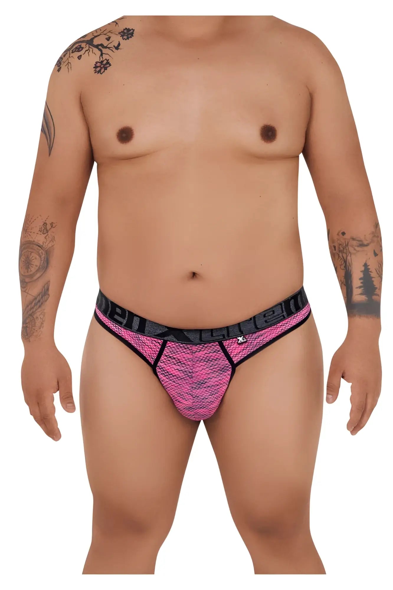 Pink and black microfiber mesh thong with bold patterned design from xtremen 91100x collection