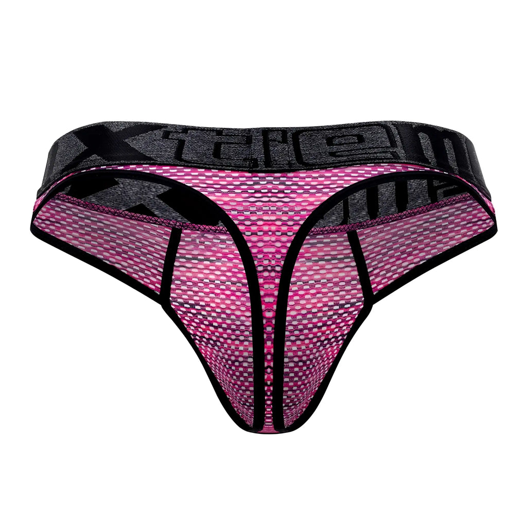 Pink and black microfiber mesh thong with textured pattern and xtreme waistband showing back side view