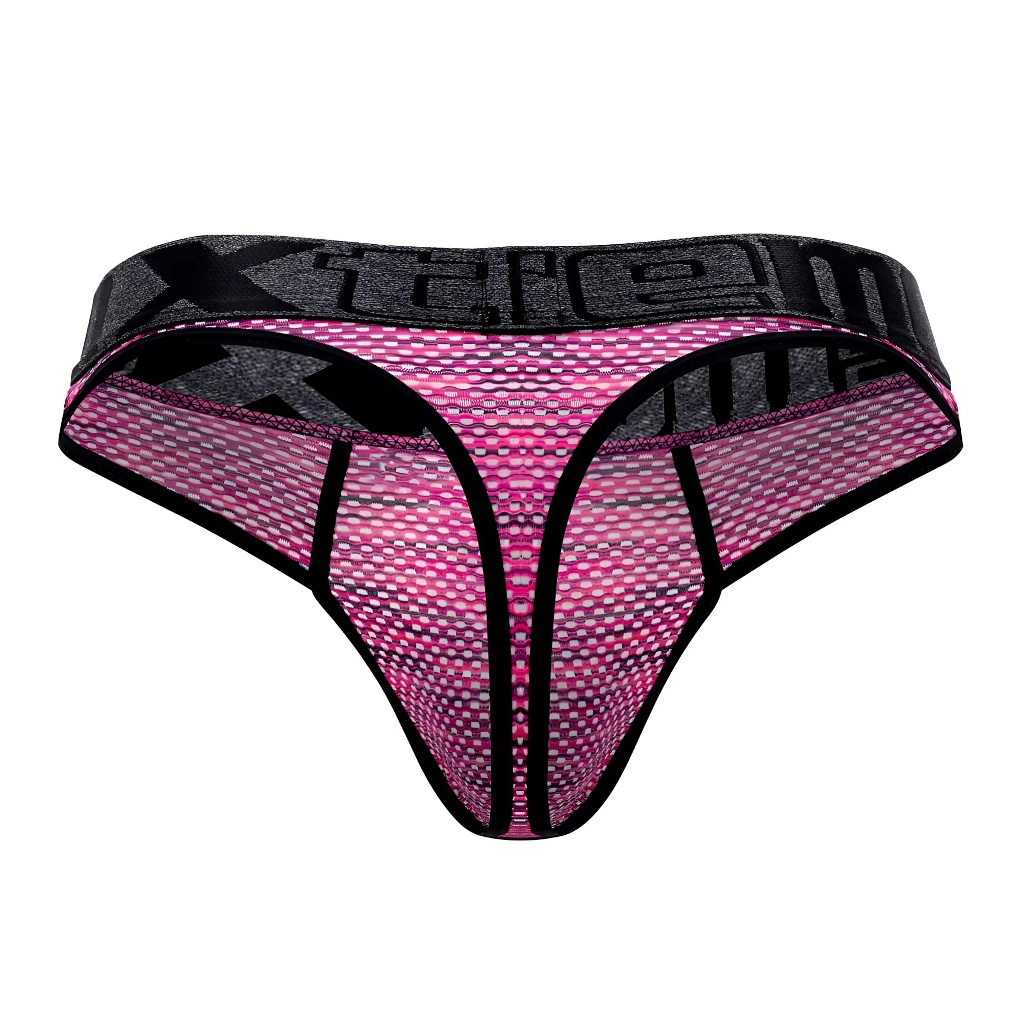 Pink and black microfiber mesh thong with textured pattern and xtreme waistband showing back side view
