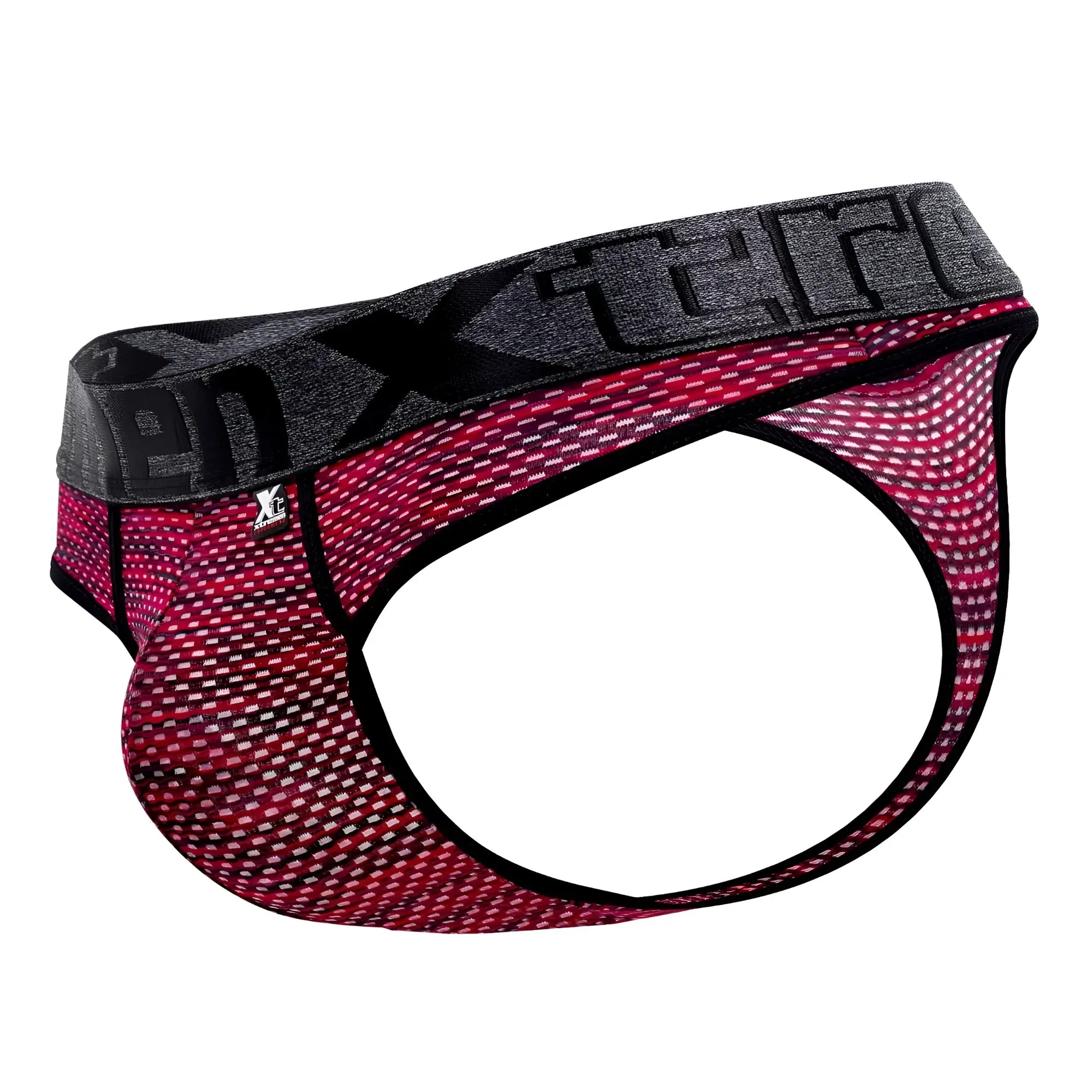 A men’s boxterry brand brief with black gray waistband pink mesh body white patterns and black trim in red microfiber mesh