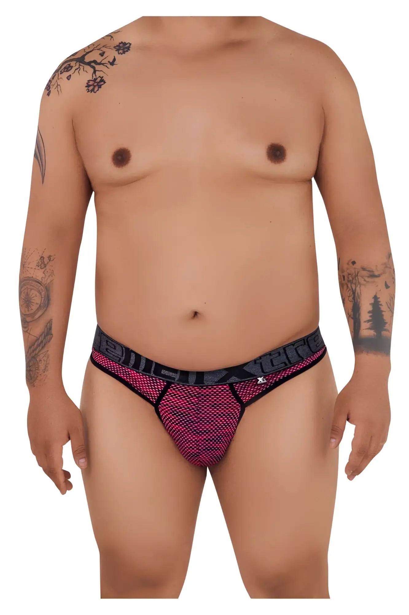 Pink and black mesh briefs with bold patterned design in xtremen 91100x microfiber mesh thongs color red