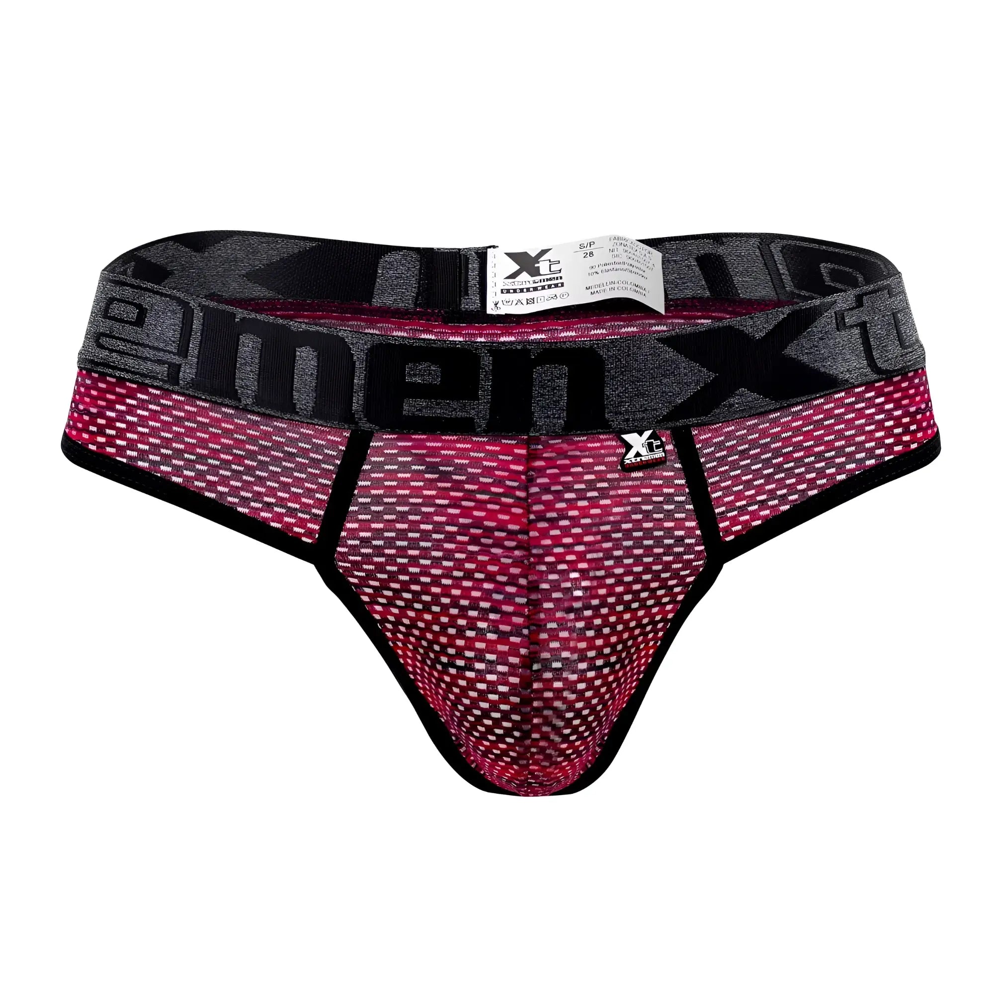 Pink and black microfiber mesh men’s briefs with gray xtreme logo waistband from xtremen 91100x micro thong line
